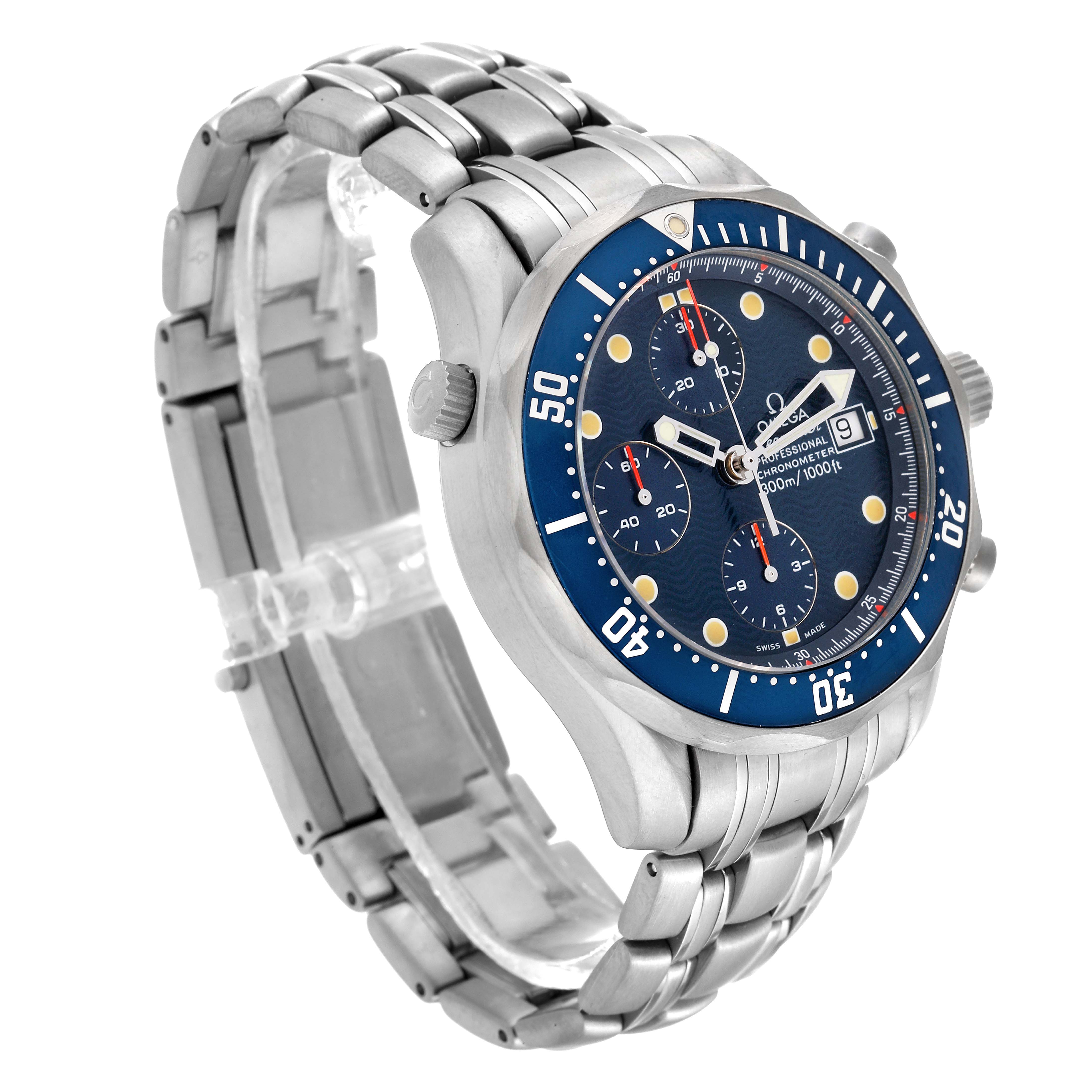 The image shows an angled side view of an Omega Seamaster 2298.80.00 Men's Stainless Steel Blue Dial 2298.80.00 Men's Stainless Steel Blue Dial watch, showcasing the dial, bezel, and bracelet.