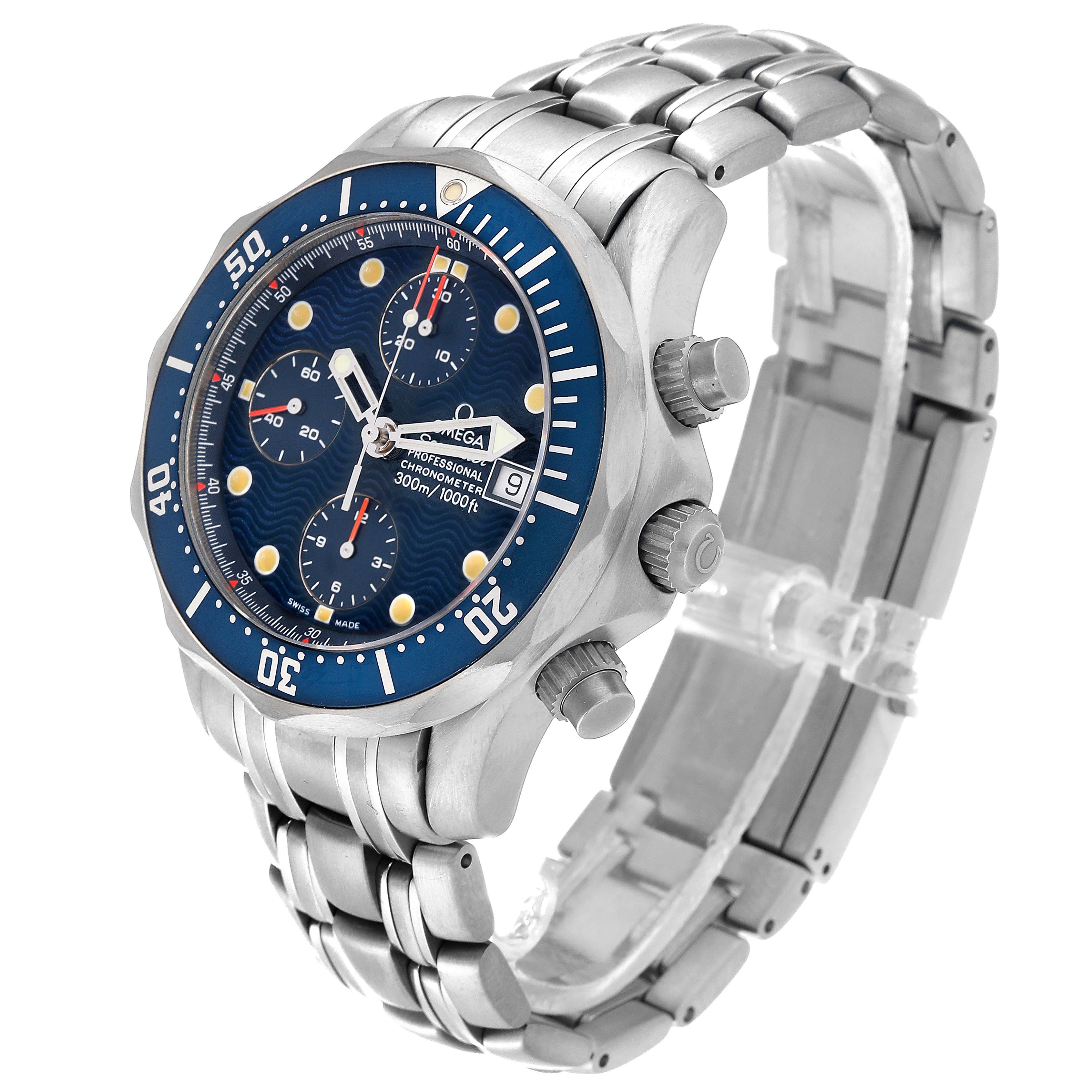 The Omega Seamaster 2298.80.00 Men's Stainless Steel Blue Dial 2298.80.00 Men's Stainless Steel Blue Dial model watch is shown at a slight angle, displaying its blue dial, bezel, chronograph, and metal bracelet.
