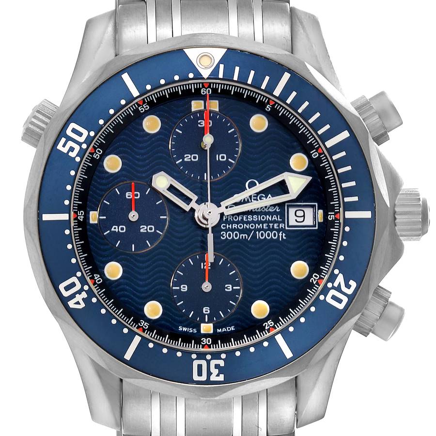 This image shows a front view of the Omega Seamaster watch, displaying the dial, bezel, and part of the bracelet.