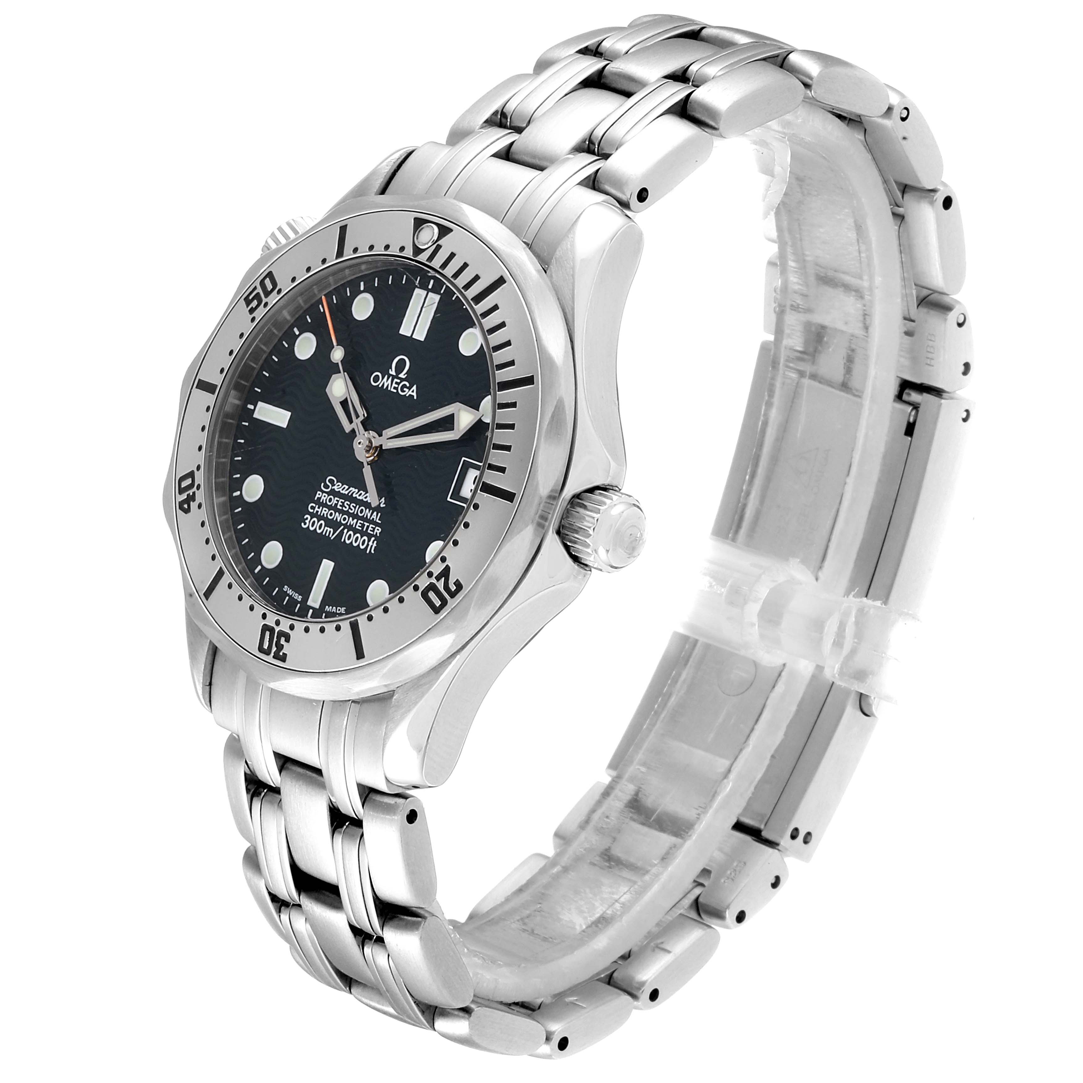 The Omega Seamaster 2552.80.00 Men
s Stainless Steel Blue Dial 2552.80.00 Men
s Stainless Steel Blue Dial is shown from a three-quarter angle, highlighting the face, bezel, crown, and stainless steel bracelet.