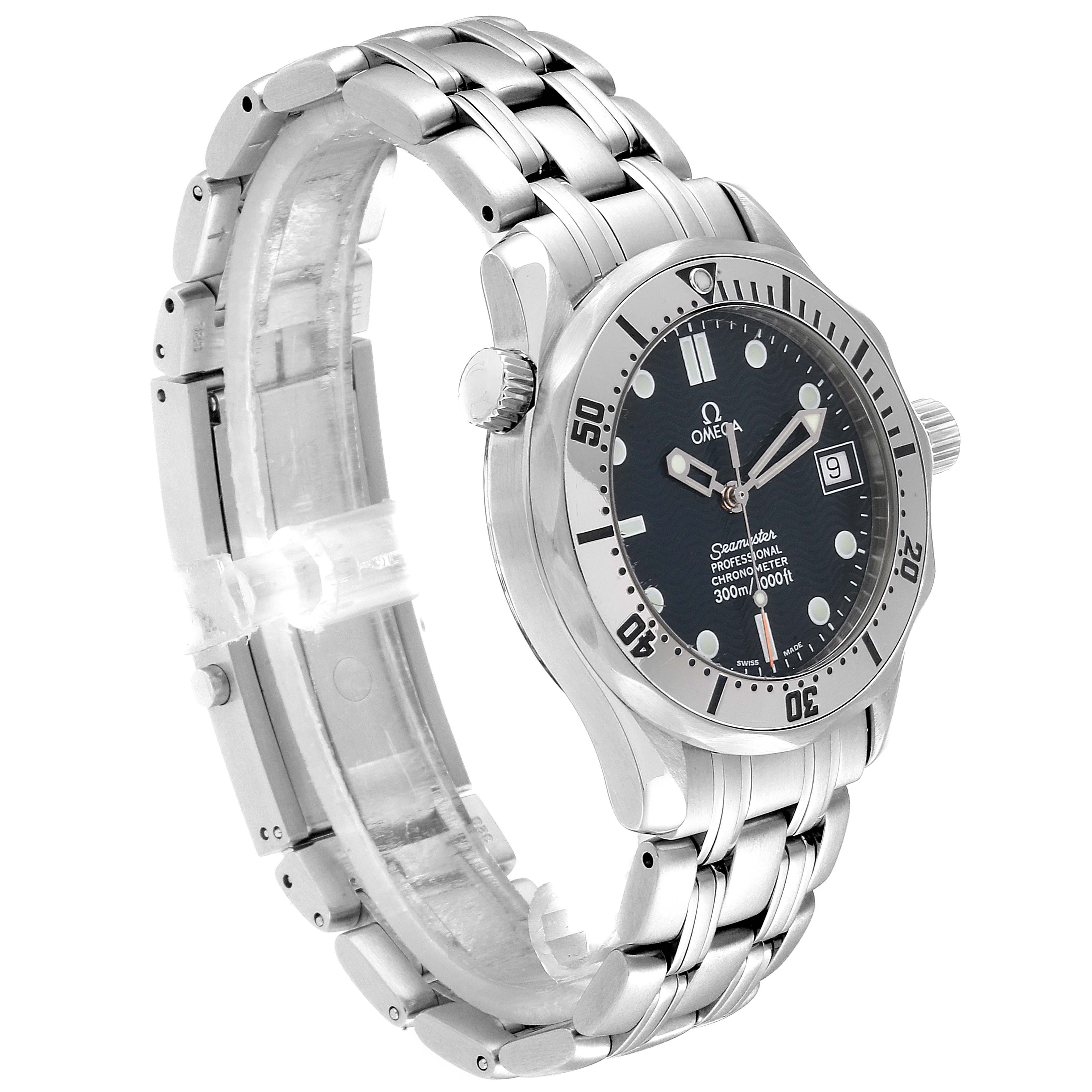 The image shows an Omega Seamaster 2552.80.00 Men
s Stainless Steel Blue Dial 2552.80.00 Men
s Stainless Steel Blue Dial watch at a three-quarter angle, highlighting the bezel, dial, crown, and stainless steel bracelet.