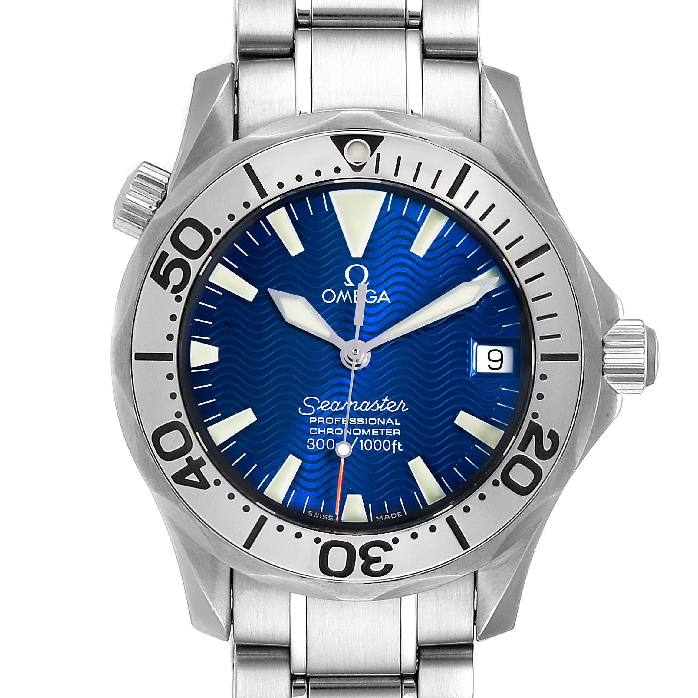 The image shows a front view of the Omega Seamaster 2553.80.00 Men
s Stainless Steel Blue Dial 2553.80.00 Men
s Stainless Steel Blue Dial watch, highlighting its blue dial, bezel, and metal bracelet.