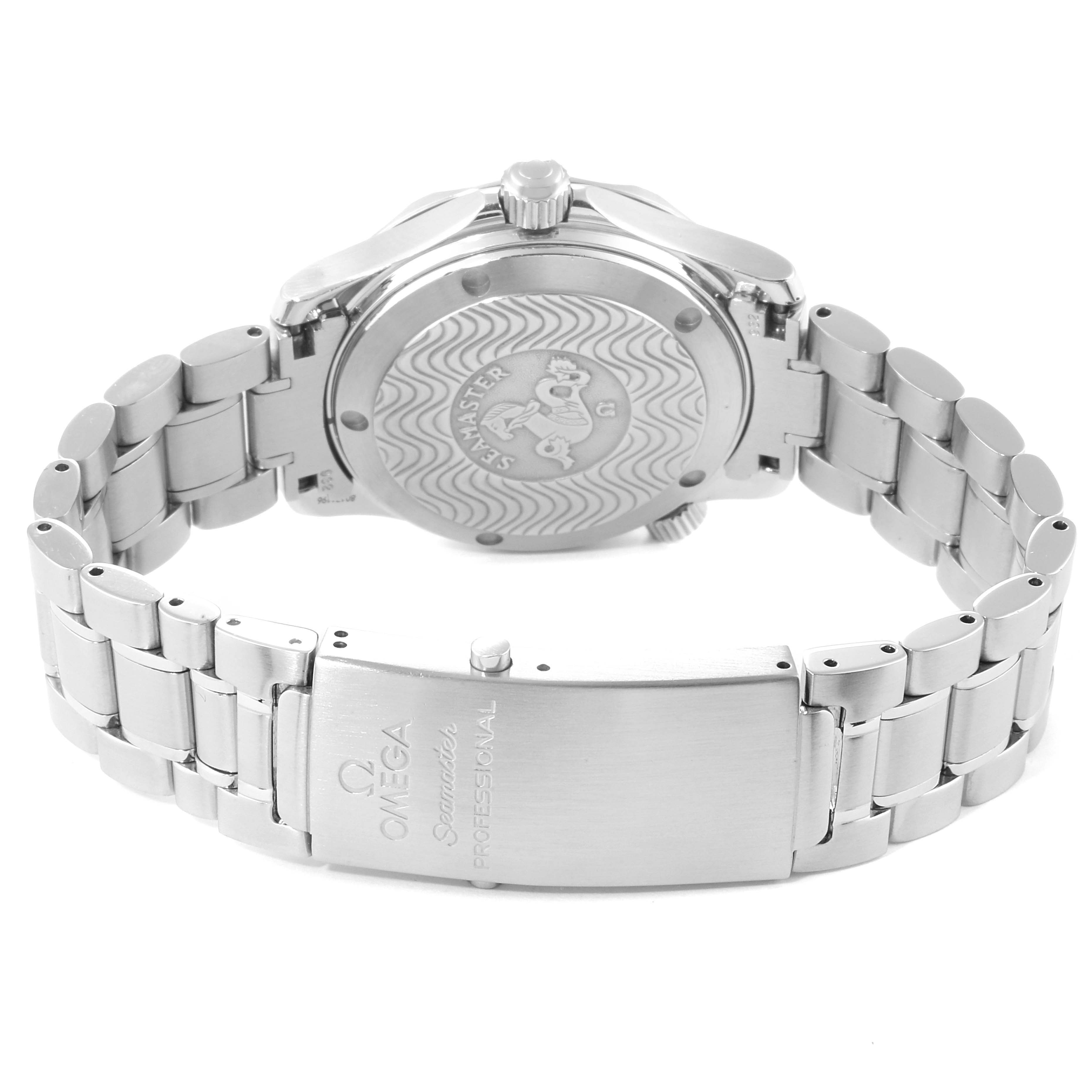 The image shows the backside of the Omega Seamaster 2553.80.00 Men
s Stainless Steel Blue Dial 2553.80.00 Men
s Stainless Steel Blue Dial watch, displaying its case back, crown, and bracelet with the clasp.