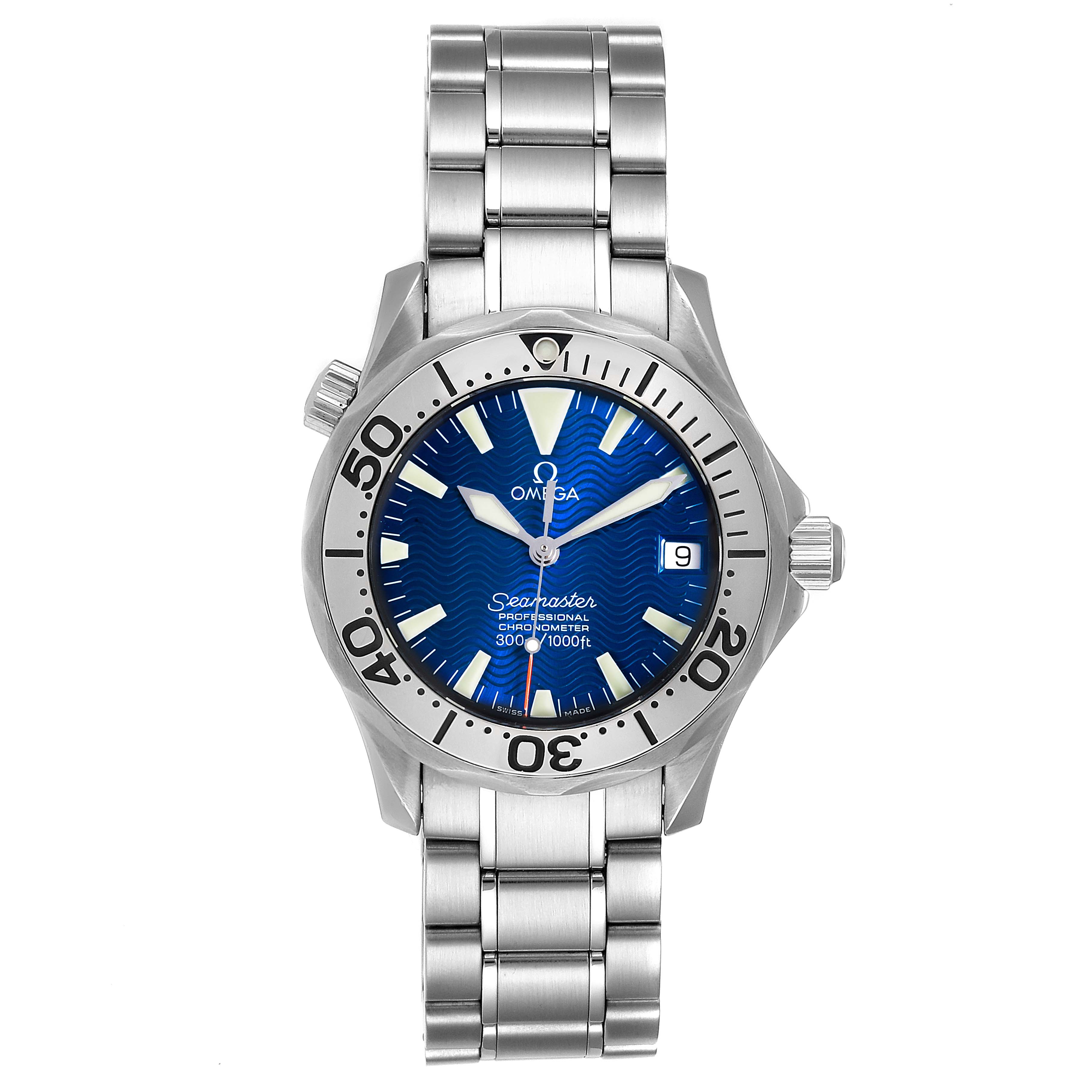 The image shows a front view of the Omega Seamaster 2553.80.00 Men
s Stainless Steel Blue Dial 2553.80.00 Men
s Stainless Steel Blue Dial watch, featuring its blue dial, bezel, crown, and stainless steel bracelet.