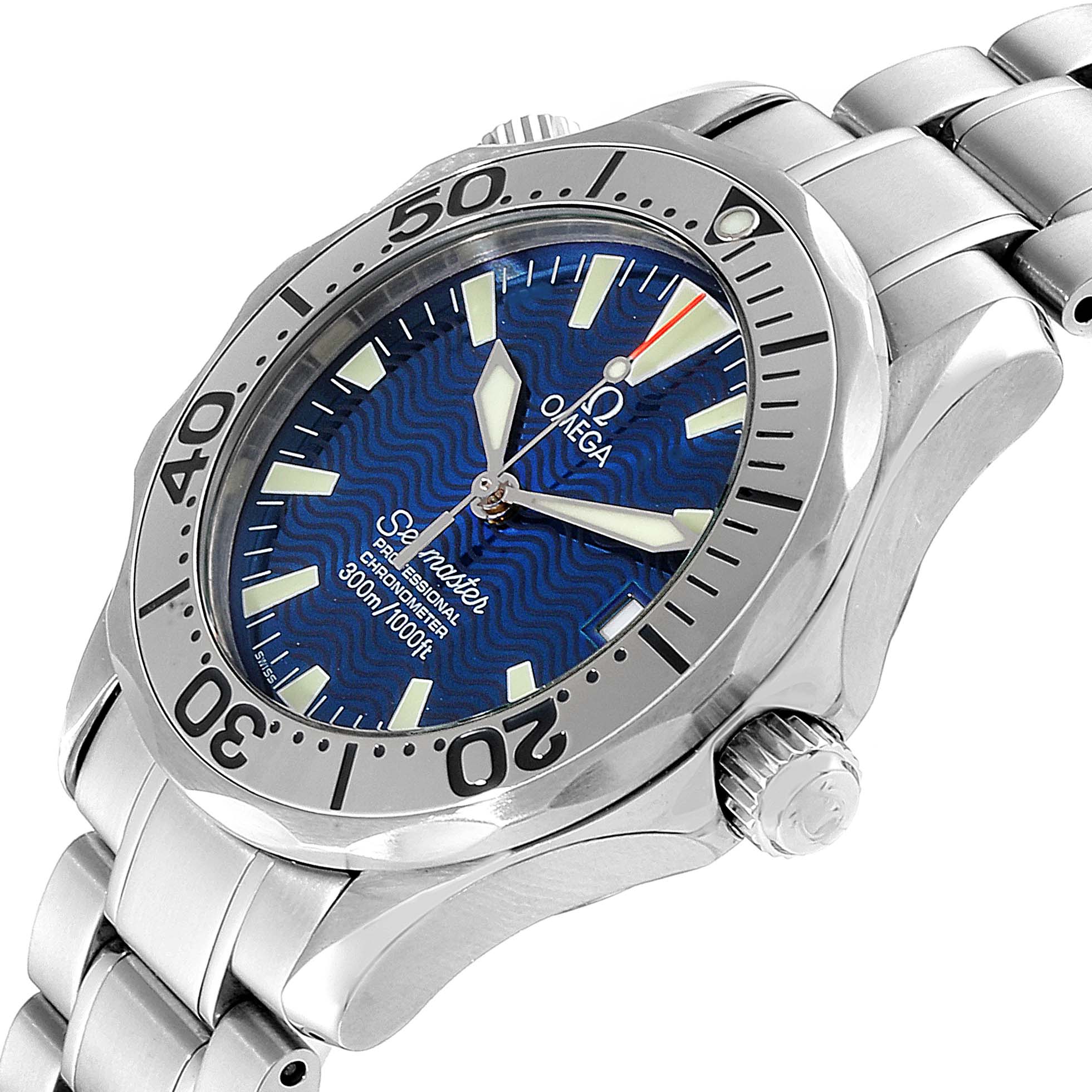 The Omega Seamaster 2553.80.00 Men
s Stainless Steel Blue Dial 2553.80.00 Men
s Stainless Steel Blue Dial watch is shown at a three-quarter angle, highlighting the bezel, dial, crown, and a portion of the bracelet.