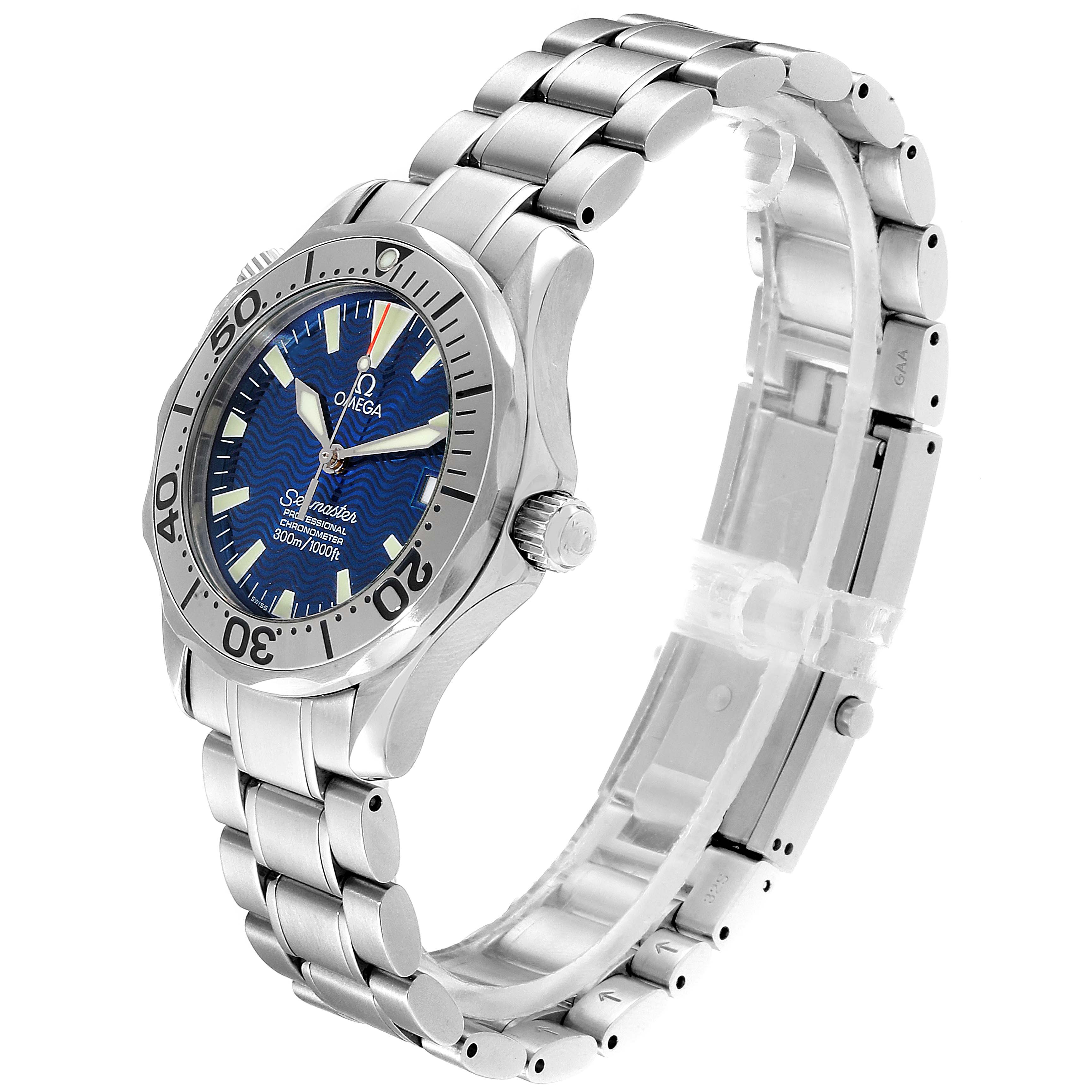 The image shows a side-angle view of an Omega Seamaster 2553.80.00 Men
s Stainless Steel Blue Dial 2553.80.00 Men
s Stainless Steel Blue Dial watch, highlighting the dial, bezel, crown, and stainless steel bracelet.