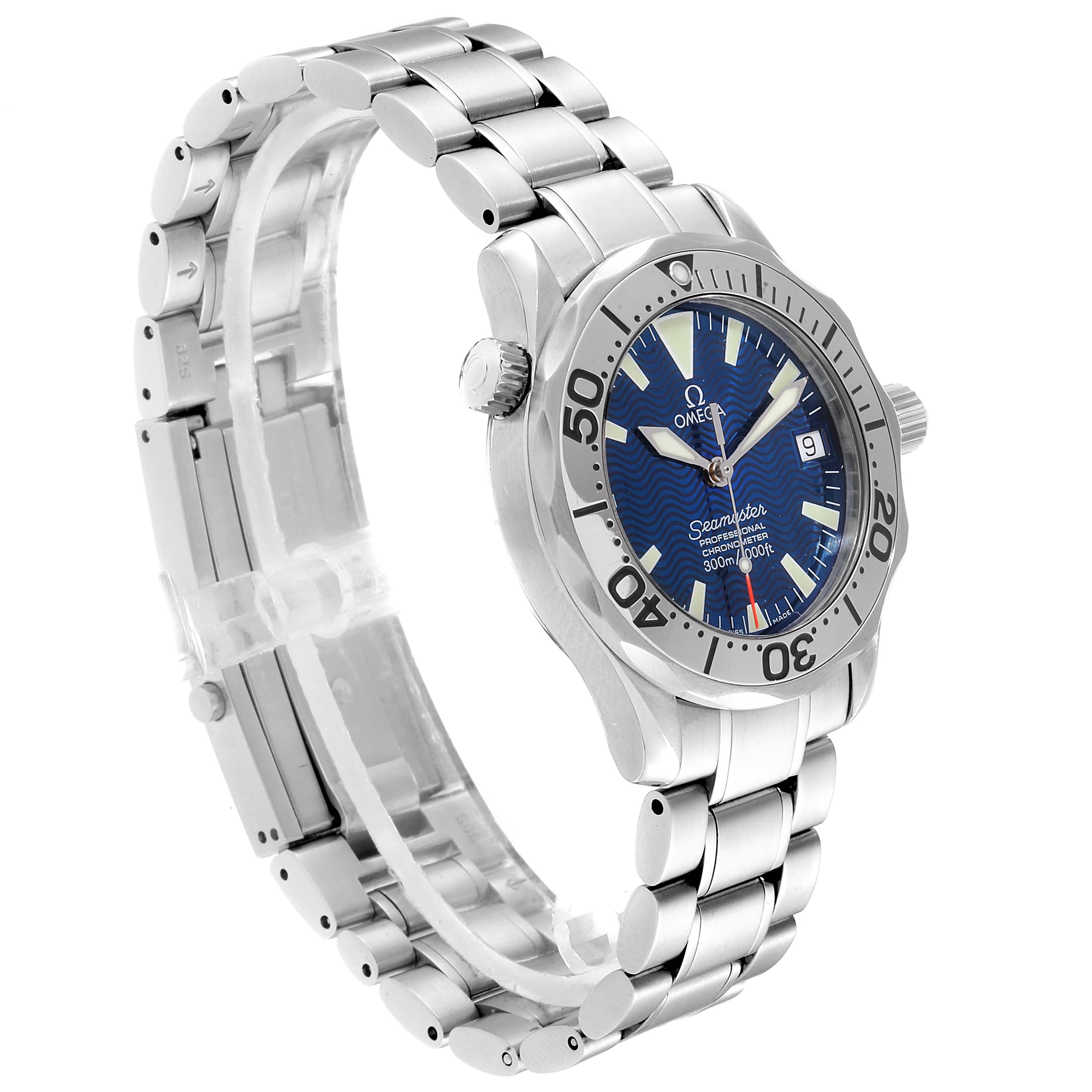 The Omega Seamaster 2553.80.00 Men
s Stainless Steel Blue Dial 2553.80.00 Men
s Stainless Steel Blue Dial watch is shown at a three-quarter angle, displaying the face, bezel, crown, and metal bracelet.