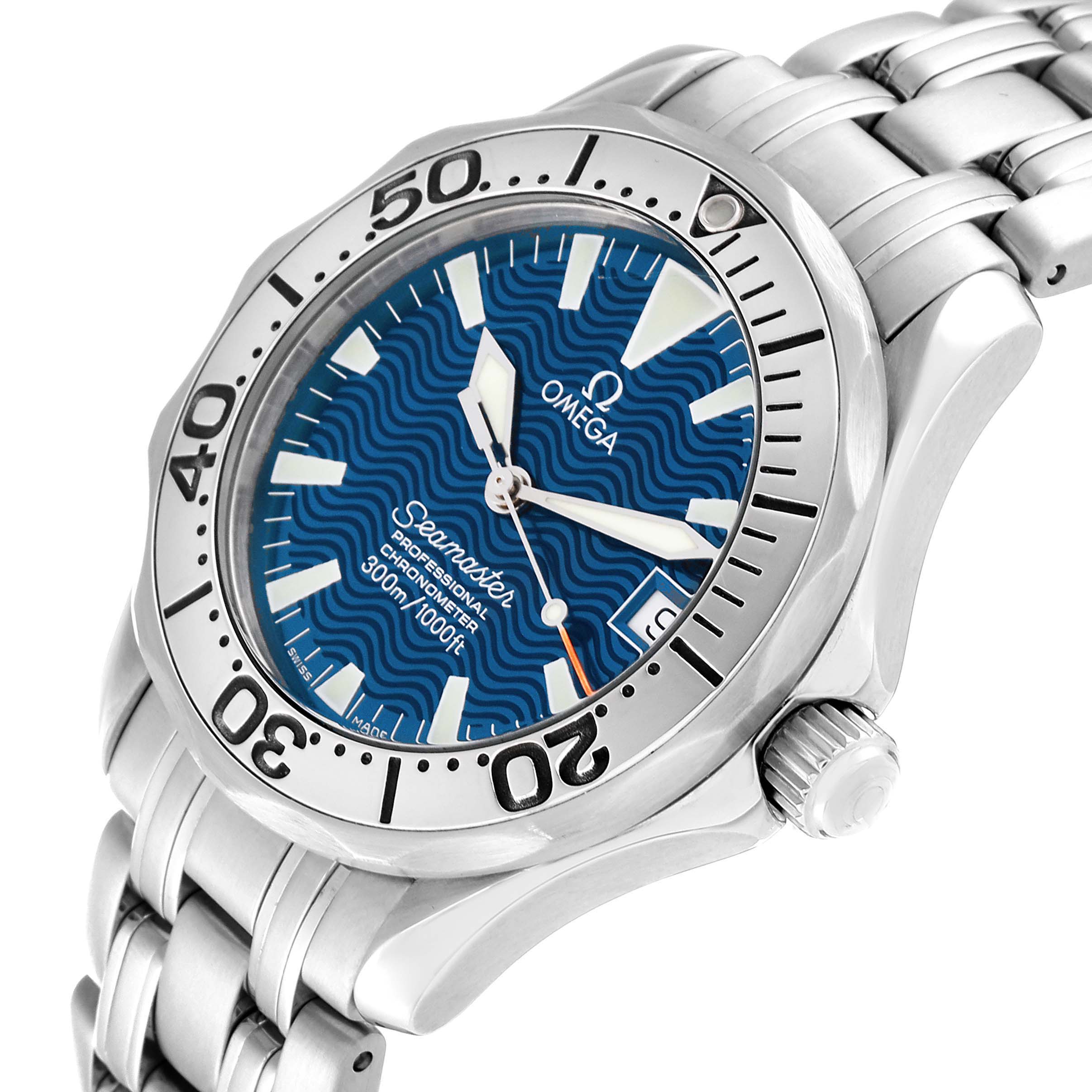 The Omega Seamaster 2554.80.00 Men
s Stainless Steel Blue Dial 2554.80.00 Men
s Stainless Steel Blue Dial watch is shown at a slight angle, highlighting the dial, bezel, crown, and part of the bracelet.