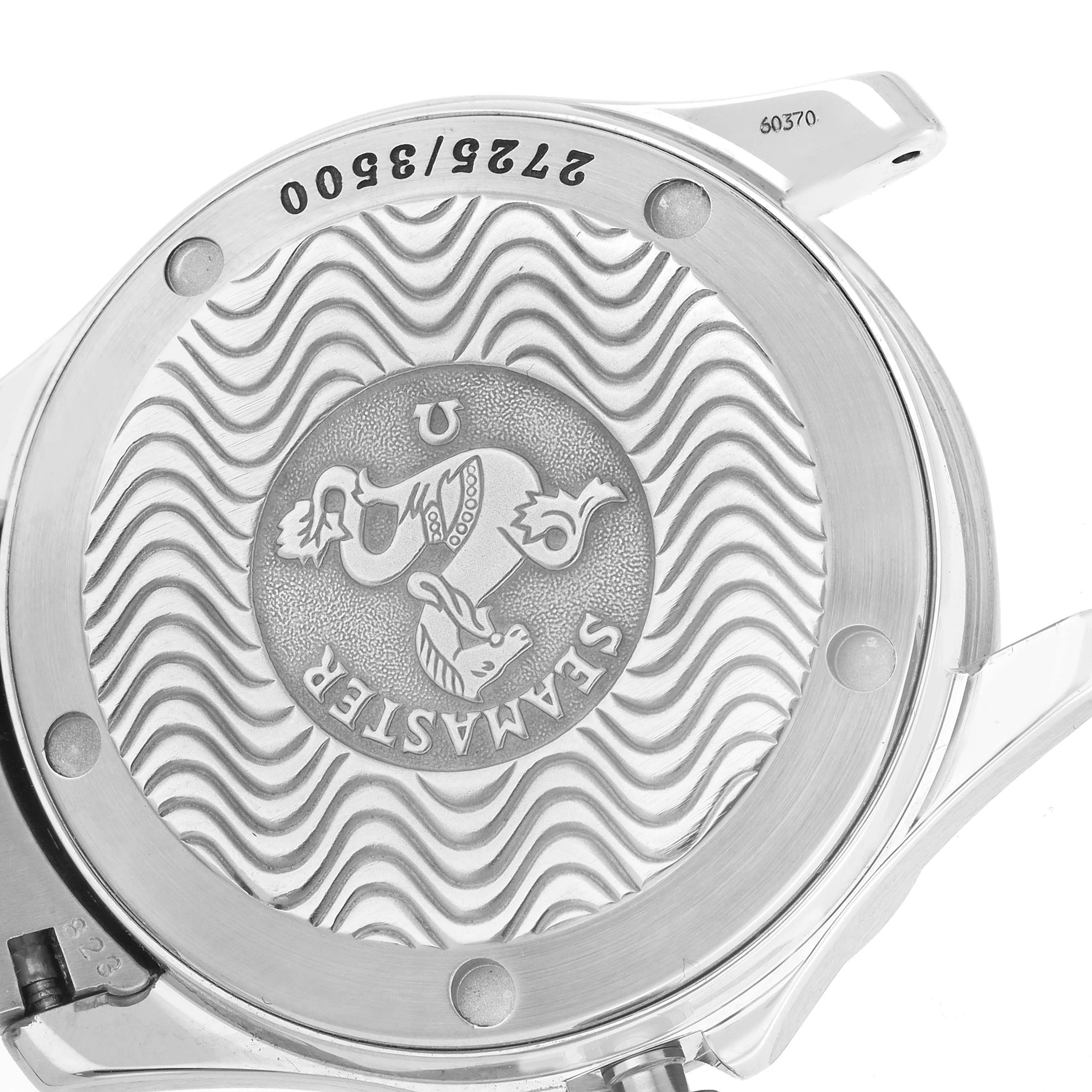 This image shows the back case of the Omega Seamaster 2554.80.00 Men
s Stainless Steel Blue Dial 2554.80.00 Men
s Stainless Steel Blue Dial watch, featuring the inscribed logo and model numbers.