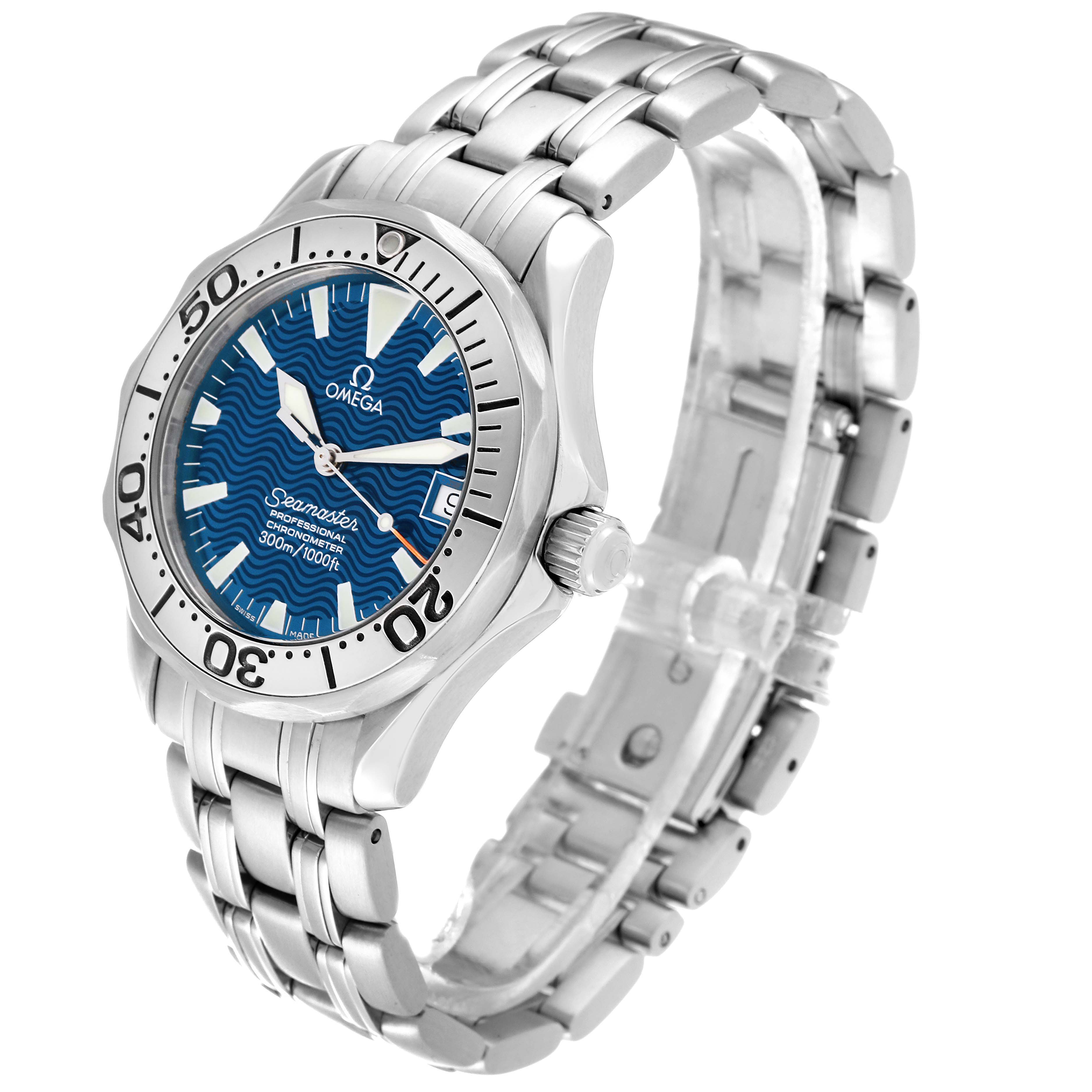 The Omega Seamaster 2554.80.00 Men
s Stainless Steel Blue Dial 2554.80.00 Men
s Stainless Steel Blue Dial watch is shown at a three-quarter angle, highlighting its face, bezel, crown, and metal bracelet.