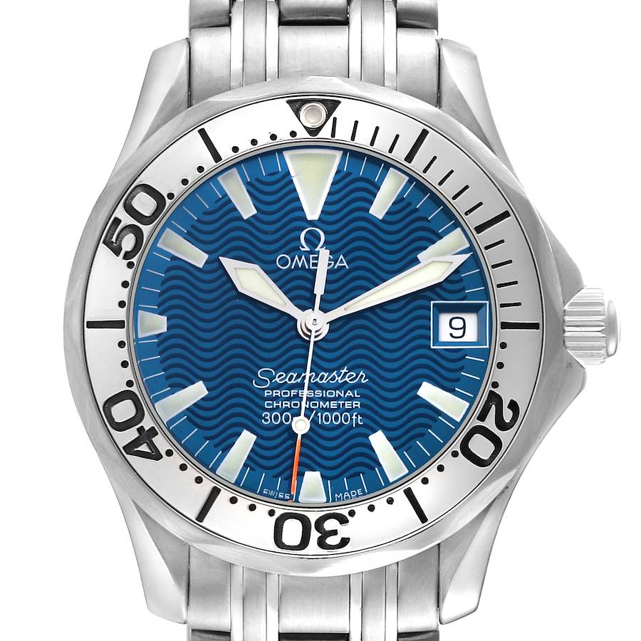 This image shows a front view of an Omega Seamaster watch, displaying its blue dial, date window, and stainless steel bracelet.