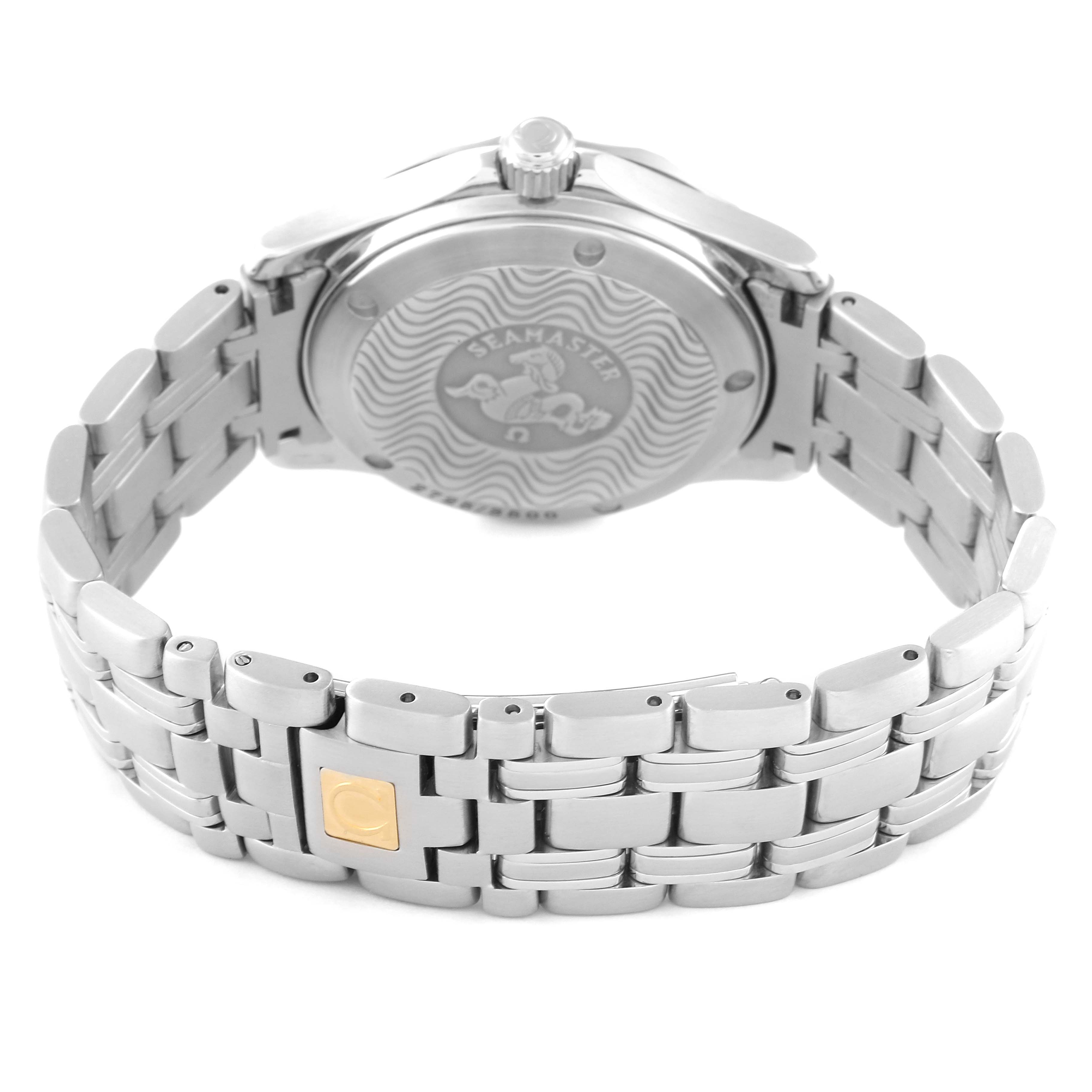 The image shows the back of an Omega Seamaster 2554.80.00 Men
s Stainless Steel Blue Dial 2554.80.00 Men
s Stainless Steel Blue Dial watch, displaying the case back and bracelet.