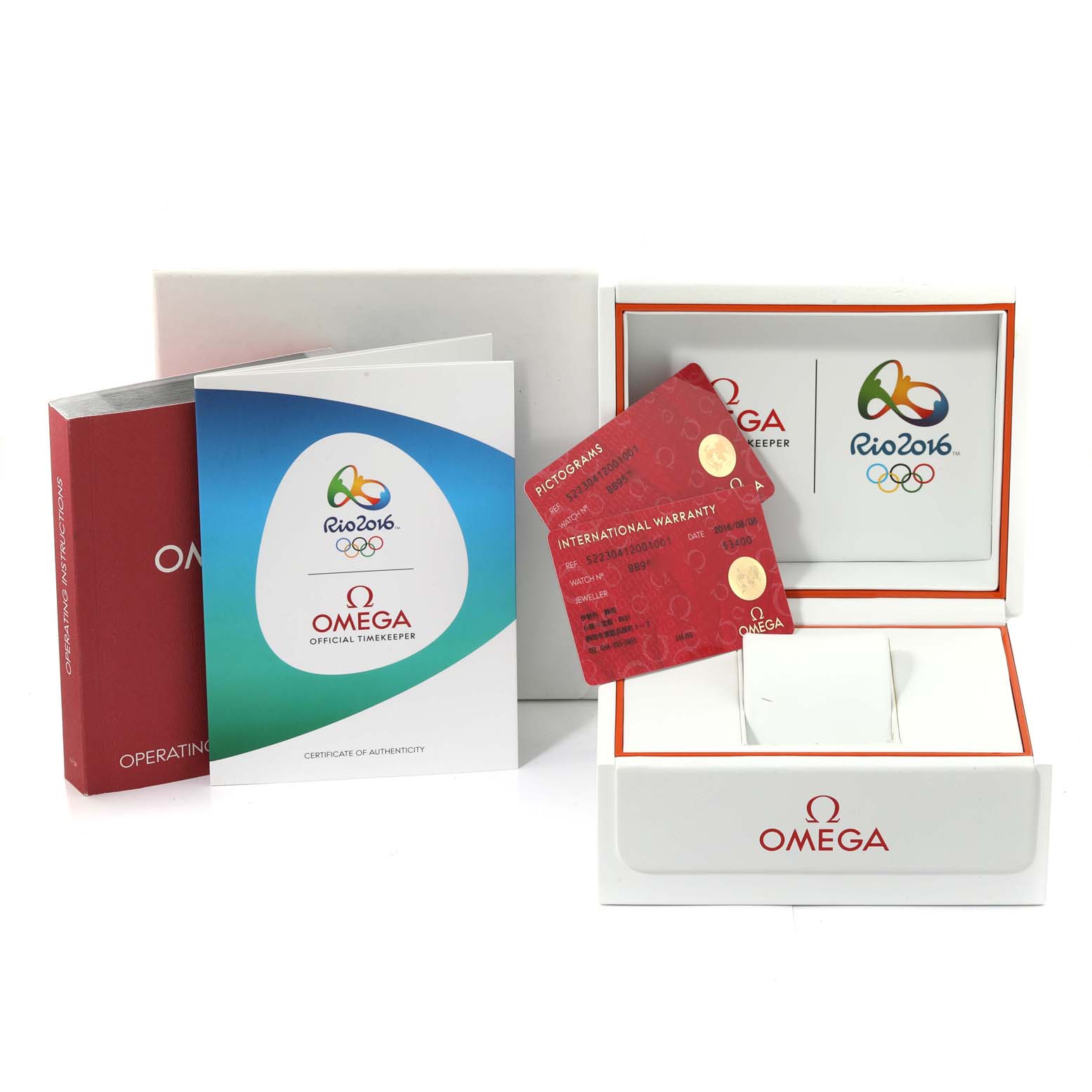 This shows the packaging, certificate, warranty card, and operating instructions for the Omega Seamaster 522.30.41.20.01.001 Men's Stainless Steel Black Dial 522.30.41.20.01.001 Men's Stainless Steel Black Dial watch, Rio 2016 edition.