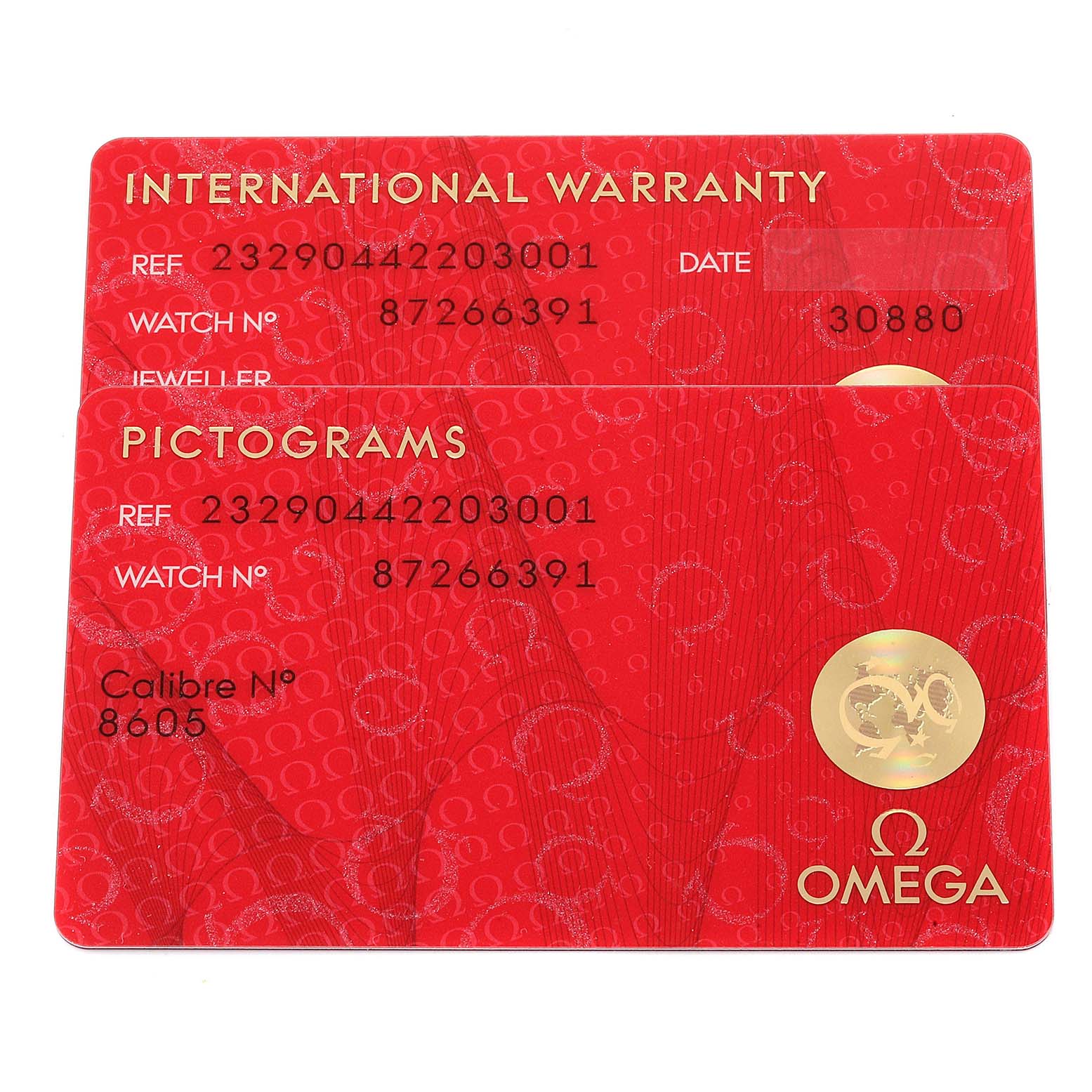 The image shows International Warranty and Pictograms cards for the Omega Planet Ocean 232.90.44.22.03.001 Men's Titanium Blue Dial 232.90.44.22.03.001 Men's Titanium Blue Dial model.