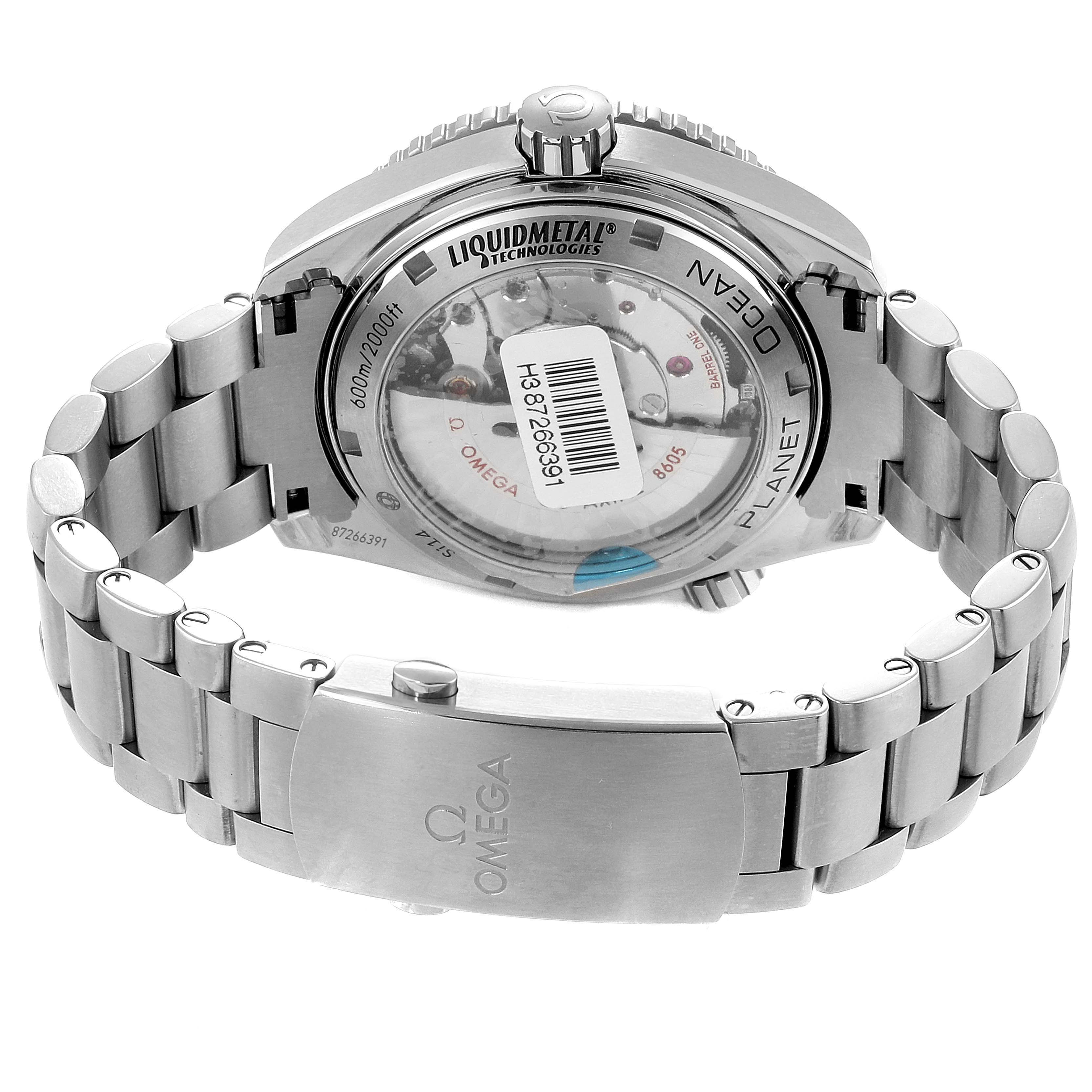 The image shows the back view of an Omega Planet Ocean 232.90.44.22.03.001 Men's Titanium Blue Dial 232.90.44.22.03.001 Men's Titanium Blue Dial watch, highlighting the bracelet, clasp, and transparent case back.