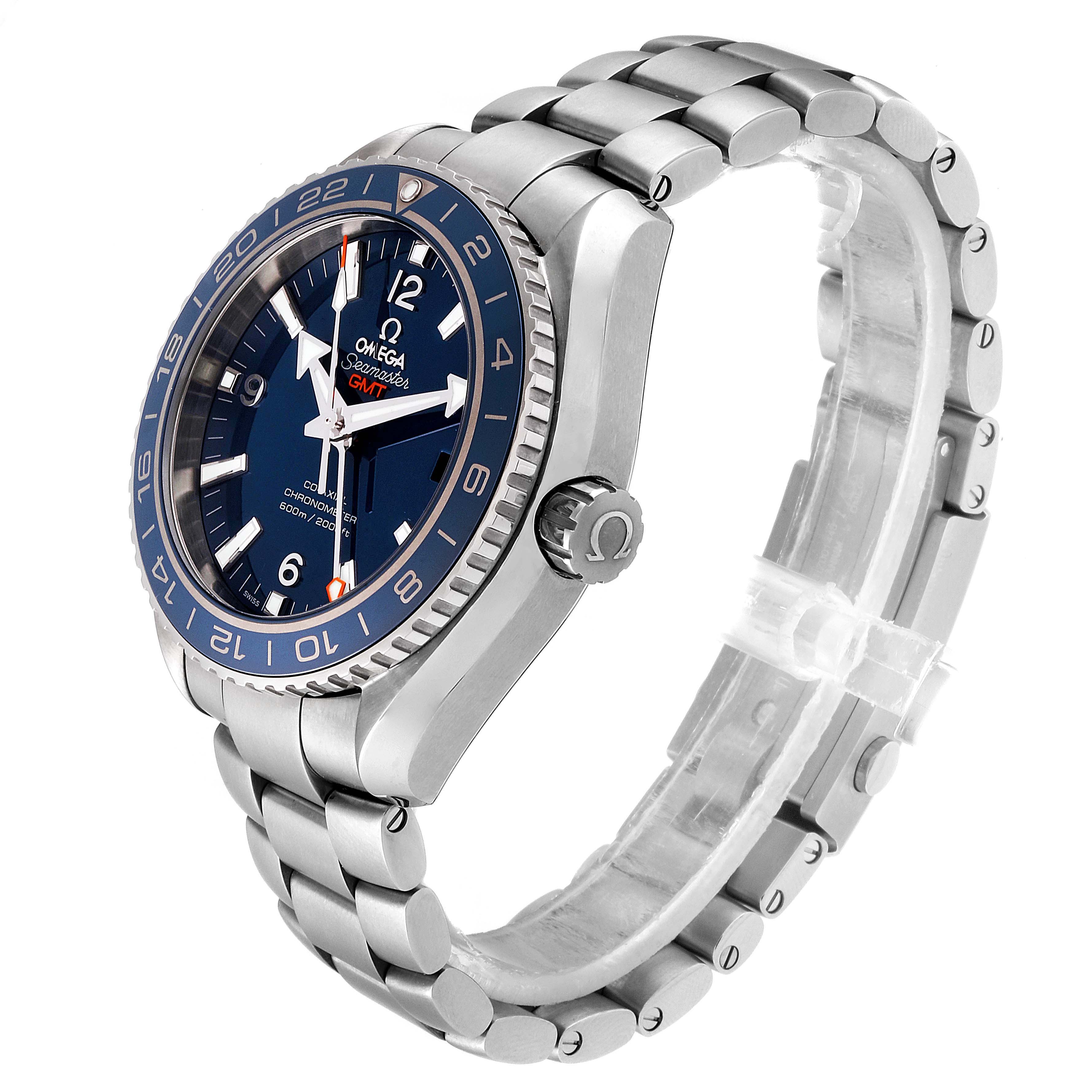 This image shows a side and front angle of the Omega Planet Ocean 232.90.44.22.03.001 Men's Titanium Blue Dial 232.90.44.22.03.001 Men's Titanium Blue Dial watch, highlighting the bezel, dial, crown, and bracelet.