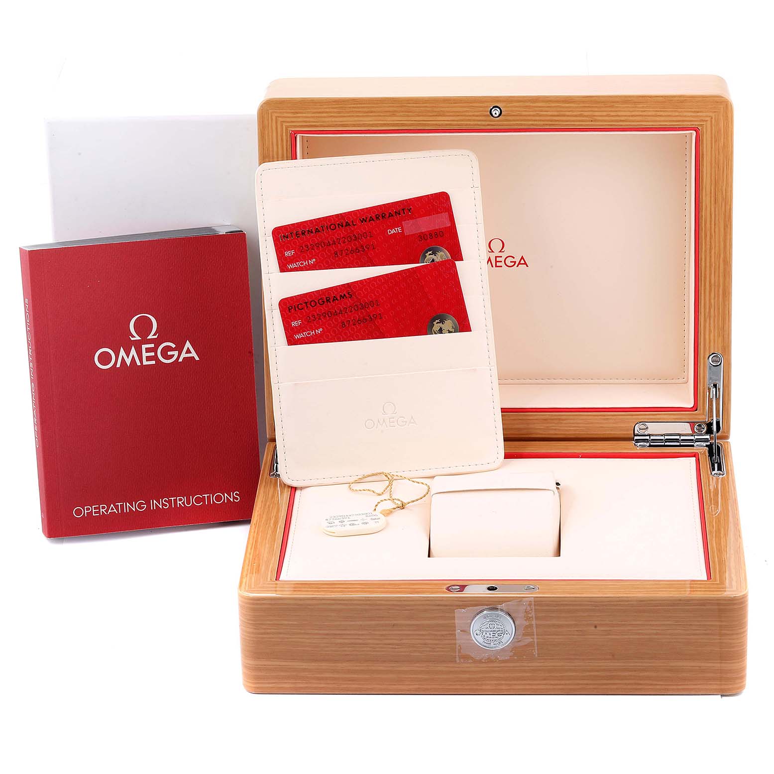 This image shows the Omega Planet Ocean 232.90.44.22.03.001 Men's Titanium Blue Dial 232.90.44.22.03.001 Men's Titanium Blue Dial watch's packaging, including the box, operating instructions, and warranty cards.