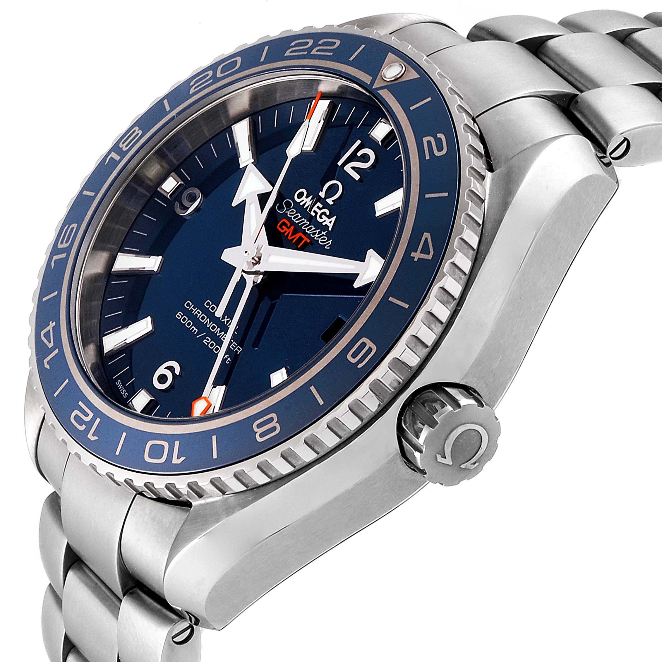 The image shows an angled close-up of the Omega Planet Ocean 232.90.44.22.03.001 Men's Titanium Blue Dial 232.90.44.22.03.001 Men's Titanium Blue Dial watch, highlighting the blue dial, bezel, and crown.