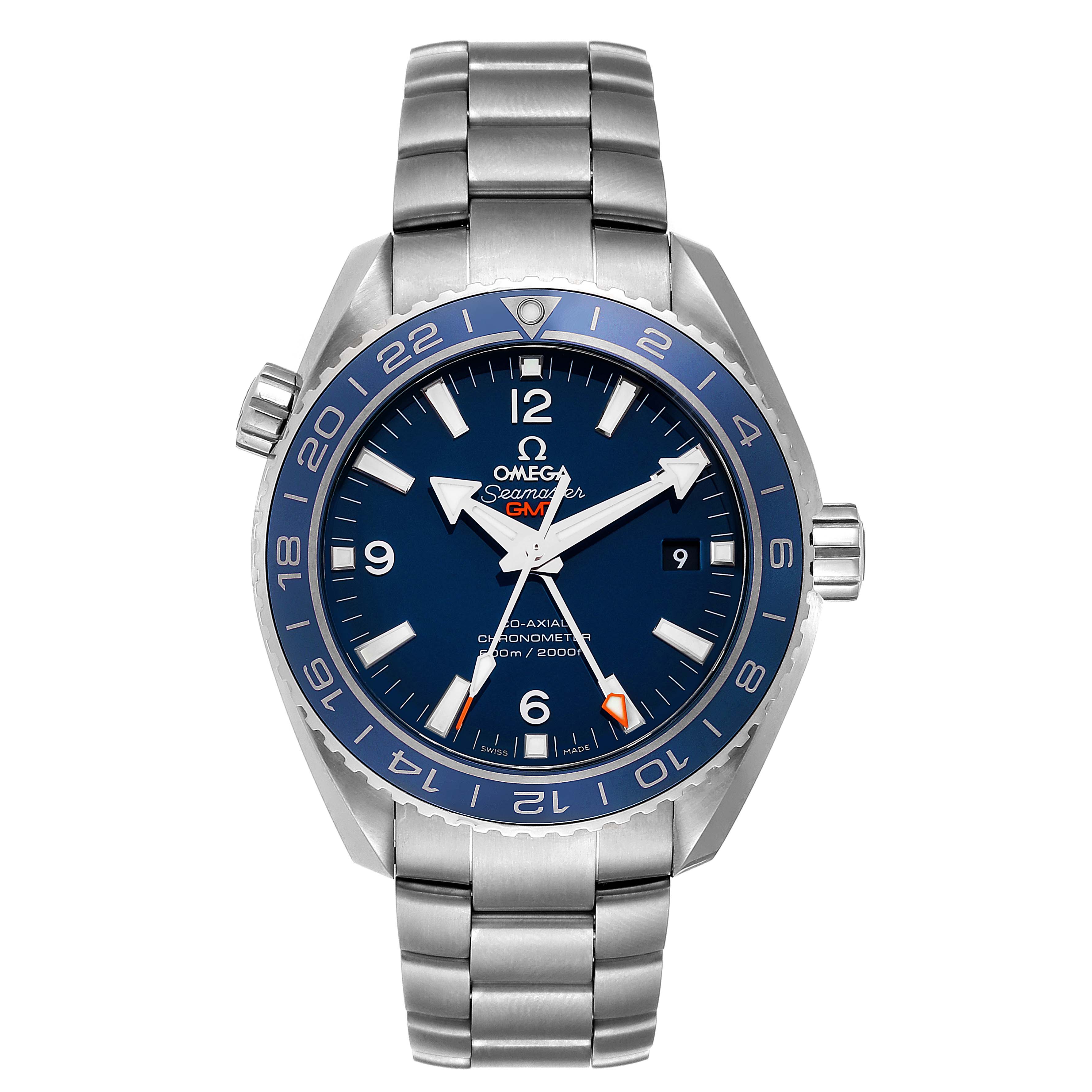 The image shows a front view of an Omega Planet Ocean 232.90.44.22.03.001 Men's Titanium Blue Dial 232.90.44.22.03.001 Men's Titanium Blue Dial watch, featuring its face, bezel, crown, and bracelet.