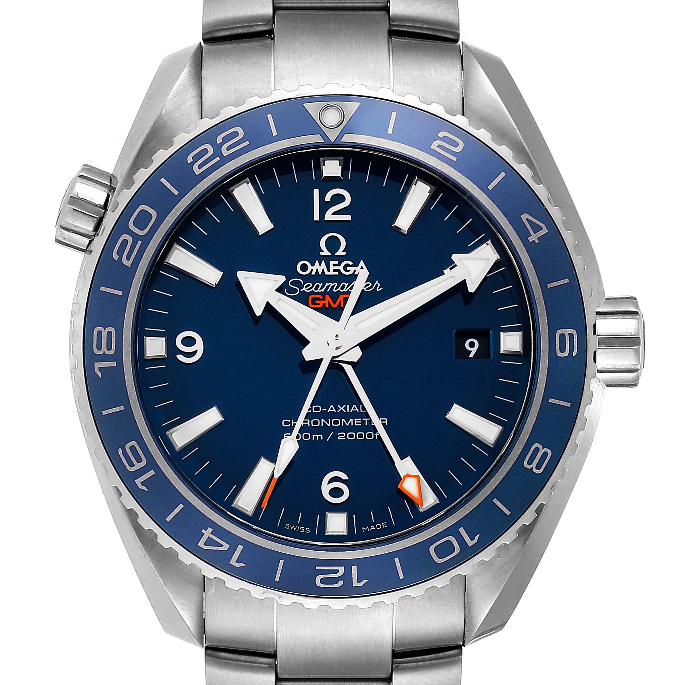 The image shows a frontal view of the Omega Planet Ocean 232.90.44.22.03.001 Men's Titanium Blue Dial 232.90.44.22.03.001 Men's Titanium Blue Dial watch, displaying its dial, bezel, crown, and bracelet.