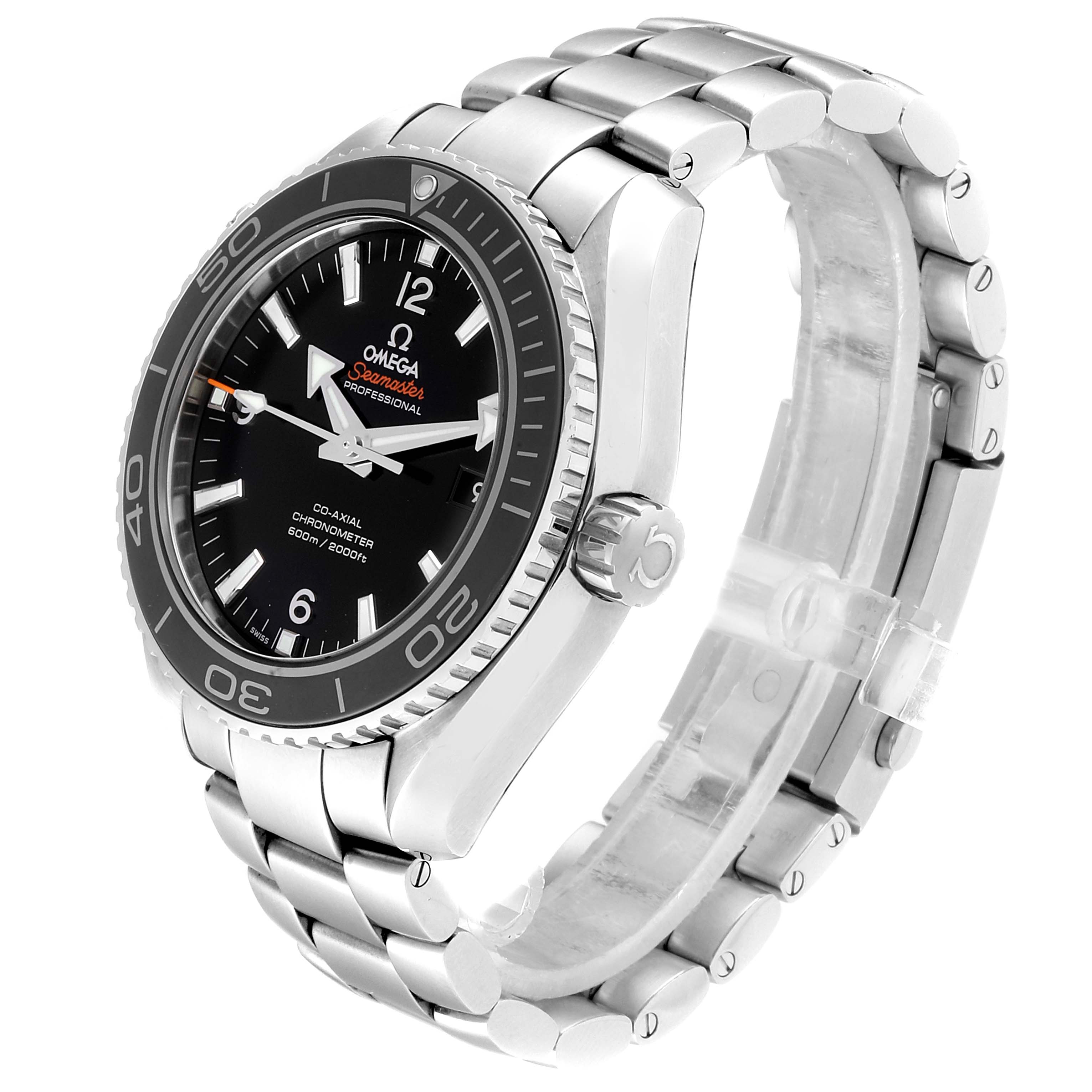 The Omega Planet Ocean 232.30.46.21.01.001 Men
s Stainless Steel Black Dial 232.30.46.21.01.001 Men
s Stainless Steel Black Dial watch is shown at a slight side angle, highlighting its stainless steel bracelet, bezel, and crown.