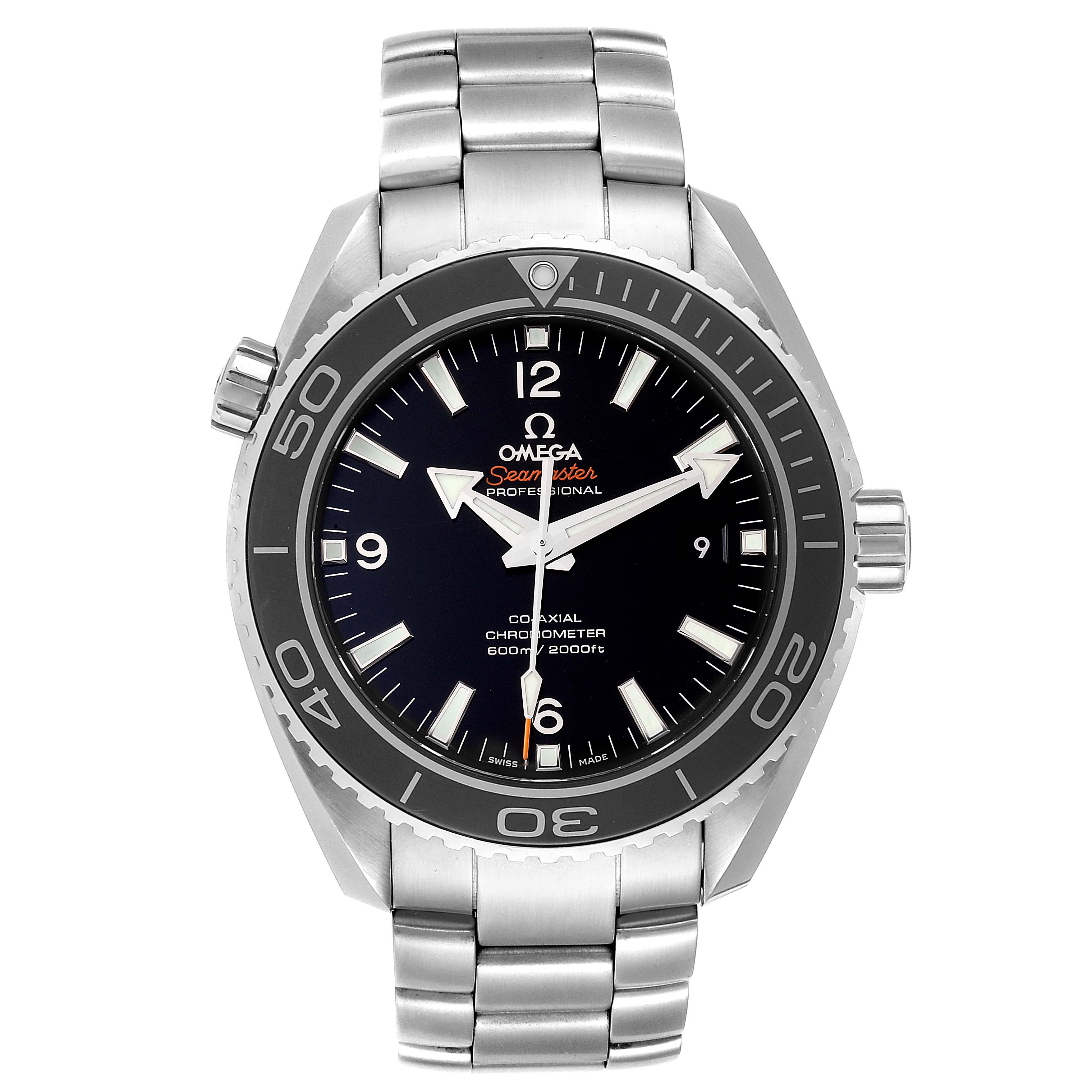 This image shows a front view of the Omega Planet Ocean 232.30.46.21.01.001 Men
s Stainless Steel Black Dial 232.30.46.21.01.001 Men
s Stainless Steel Black Dial watch, highlighting its face, bezel, crown, and metal bracelet.