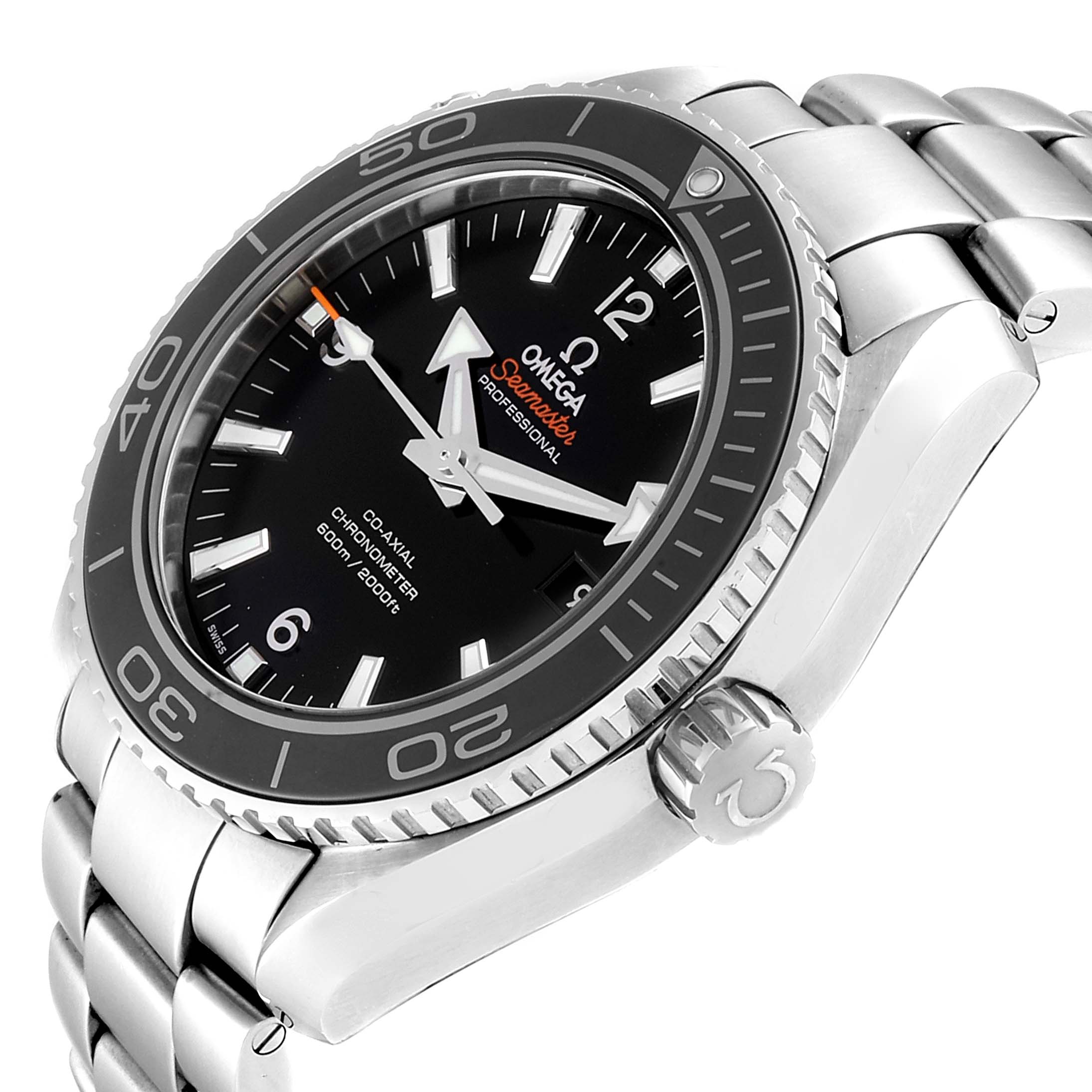 This image shows an angled view of the face, bezel, crown, and part of the bracelet of an Omega Planet Ocean 232.30.46.21.01.001 Men
s Stainless Steel Black Dial 232.30.46.21.01.001 Men
s Stainless Steel Black Dial watch.