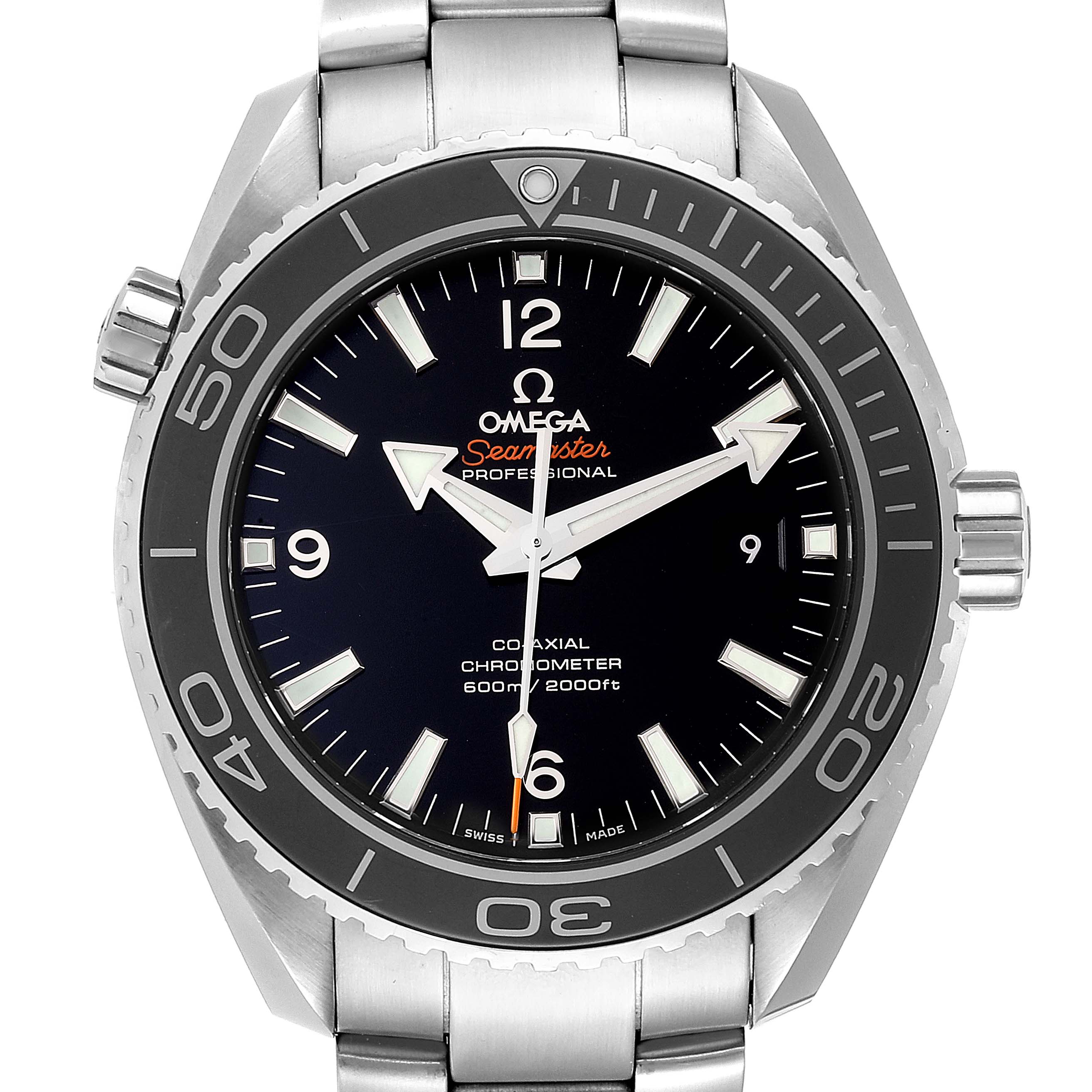 The image shows a front view of the Omega Planet Ocean 232.30.46.21.01.001 Men
s Stainless Steel Black Dial 232.30.46.21.01.001 Men
s Stainless Steel Black Dial Seamaster watch, highlighting the dial, bezel, and stainless steel bracelet.