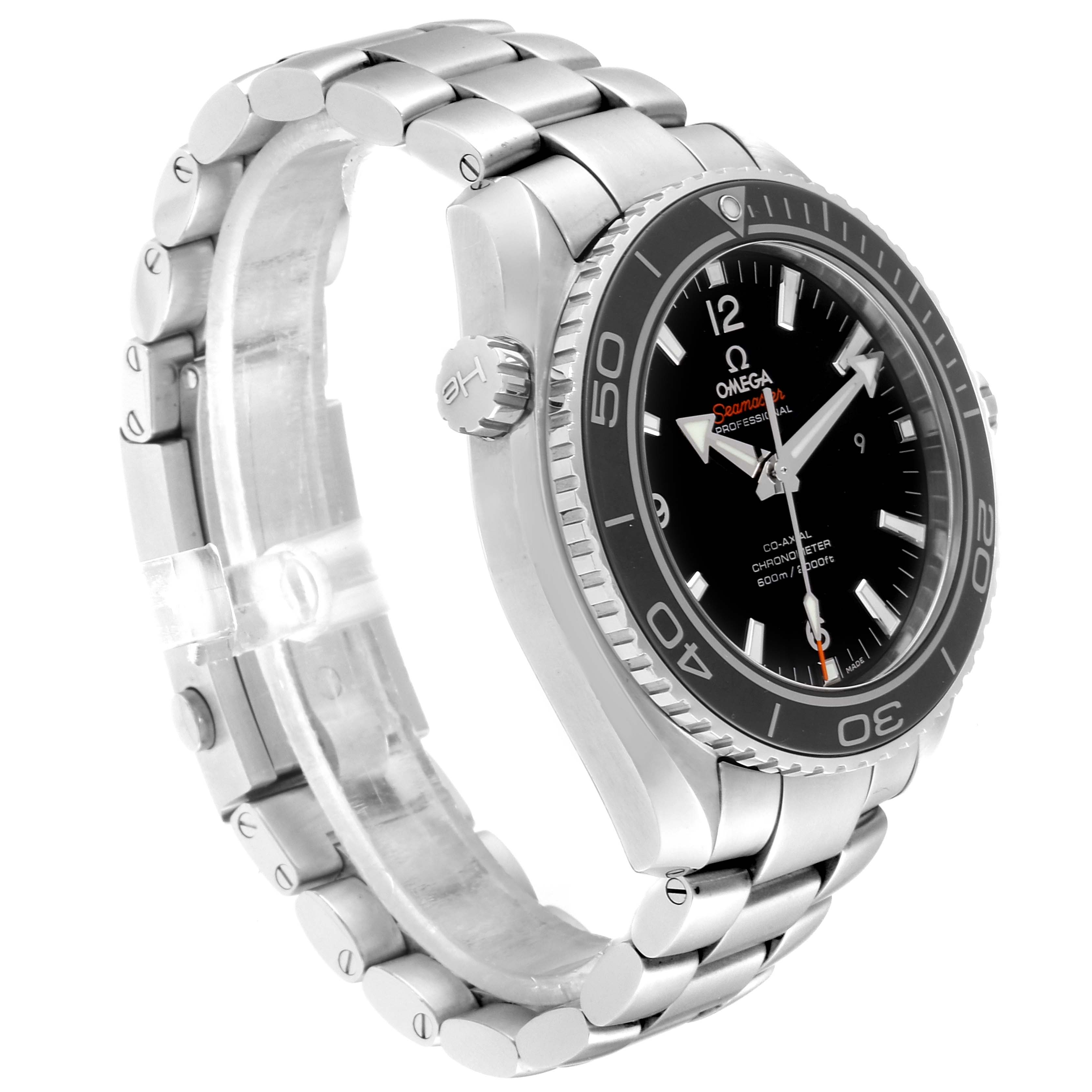 The Omega Planet Ocean 232.30.46.21.01.001 Men
s Stainless Steel Black Dial 232.30.46.21.01.001 Men
s Stainless Steel Black Dial watch is shown at an angle highlighting its dial, bezel, crown, and stainless steel bracelet.