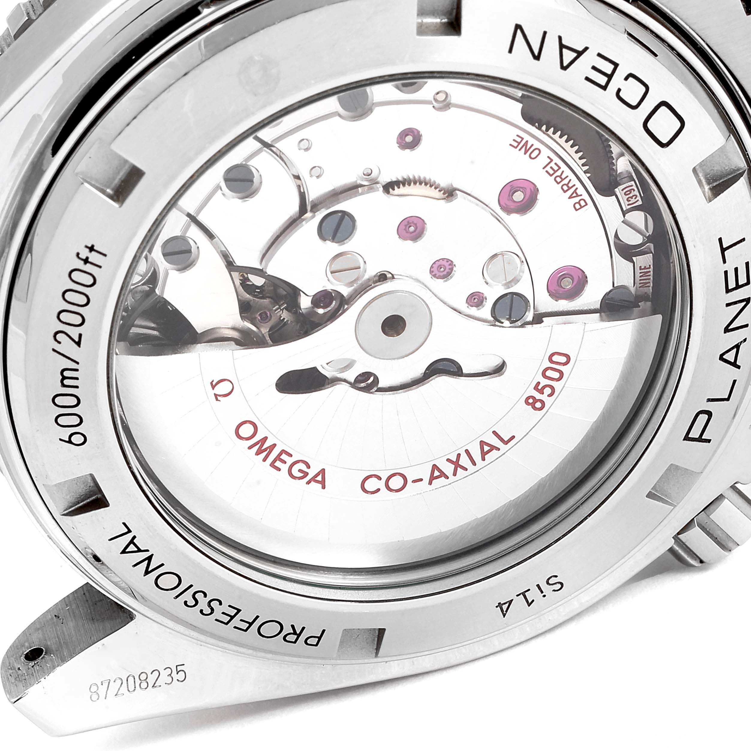 The image shows the back of an Omega Planet Ocean 232.30.46.21.01.001 Men
s Stainless Steel Black Dial 232.30.46.21.01.001 Men
s Stainless Steel Black Dial watch, highlighting its movement and inscriptions.