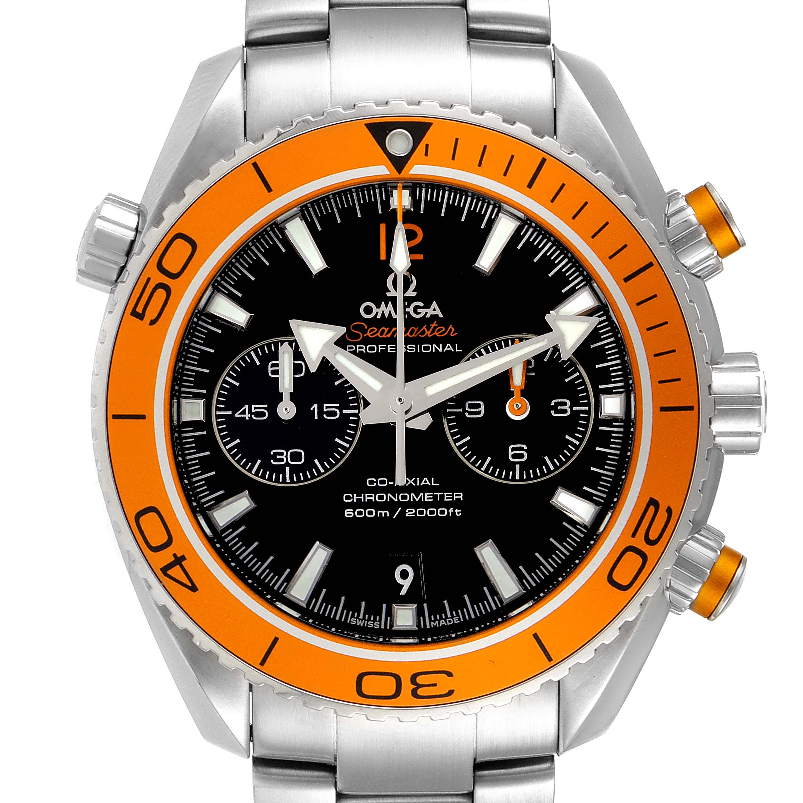 The image shows a frontal view of the Omega Planet Ocean 232.30.46.51.01.002 Men
s Stainless Steel Black Dial 232.30.46.51.01.002 Men
s Stainless Steel Black Dial model, highlighting its bezel, face, and bracelet.