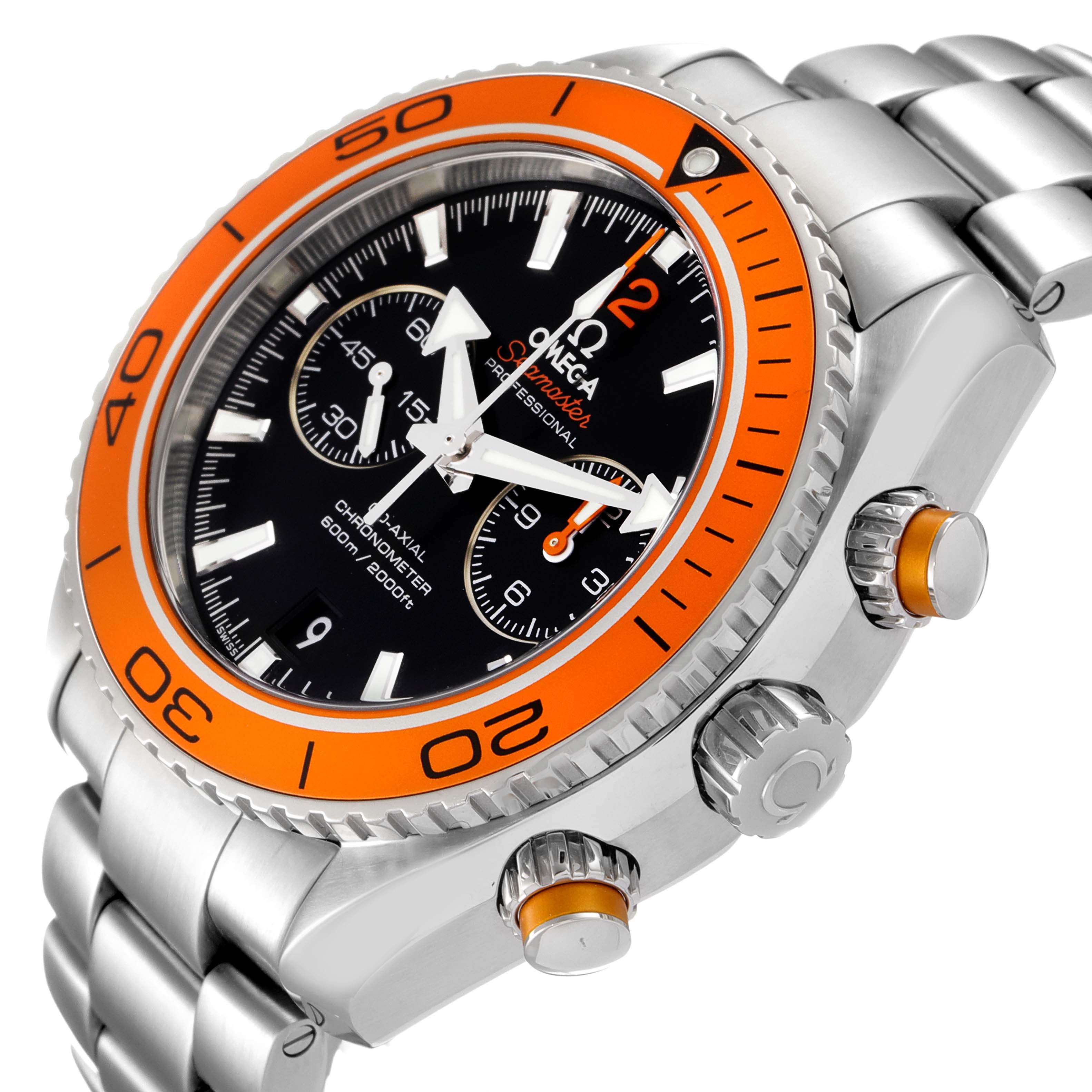 The image shows an angled view of an Omega Planet Ocean 232.30.46.51.01.002 Men
s Stainless Steel Black Dial 232.30.46.51.01.002 Men
s Stainless Steel Black Dial watch, highlighting its orange bezel, crown, and chronograph pushers.