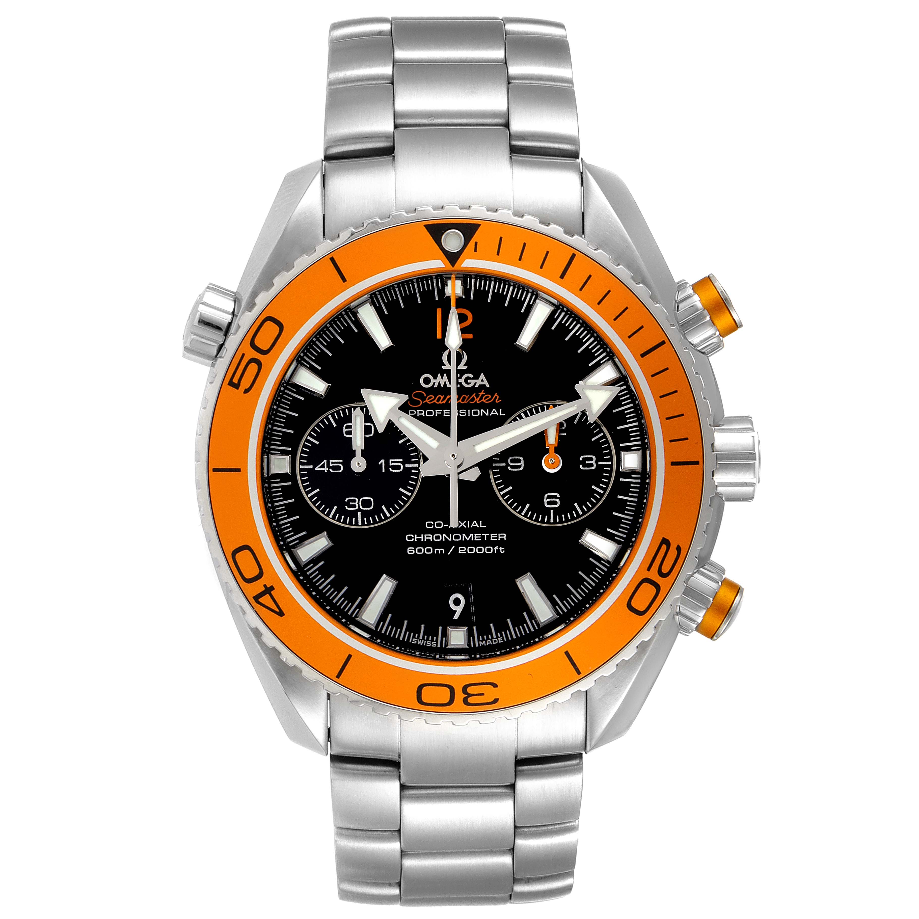 The image shows a front view of the Omega Planet Ocean 232.30.46.51.01.002 Men
s Stainless Steel Black Dial 232.30.46.51.01.002 Men
s Stainless Steel Black Dial watch, highlighting the bezel, dial, and stainless steel bracelet.