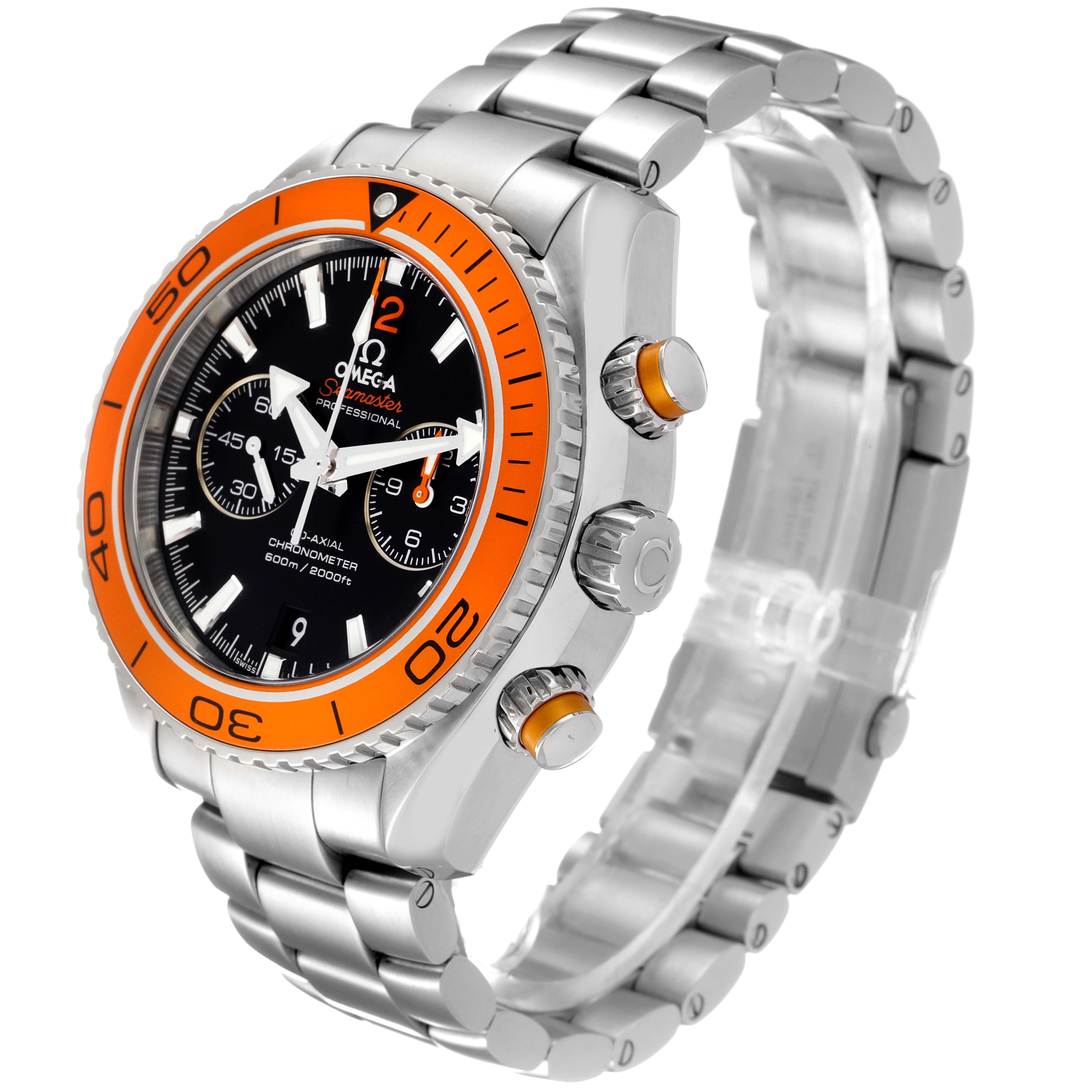 The Omega Planet Ocean 232.30.46.51.01.002 Men
s Stainless Steel Black Dial 232.30.46.51.01.002 Men
s Stainless Steel Black Dial watch is shown from a front-left angle highlighting the dial, bezel, crown, and bracelet.