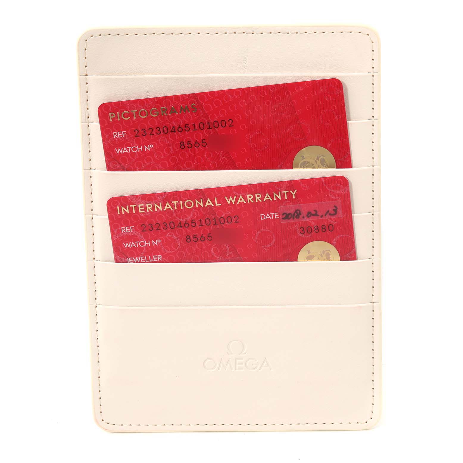 The image shows an Omega Planet Ocean 232.30.46.51.01.002 Men
s Stainless Steel Black Dial 232.30.46.51.01.002 Men
s Stainless Steel Black Dial model
s warranty cards inside a white cardholder.