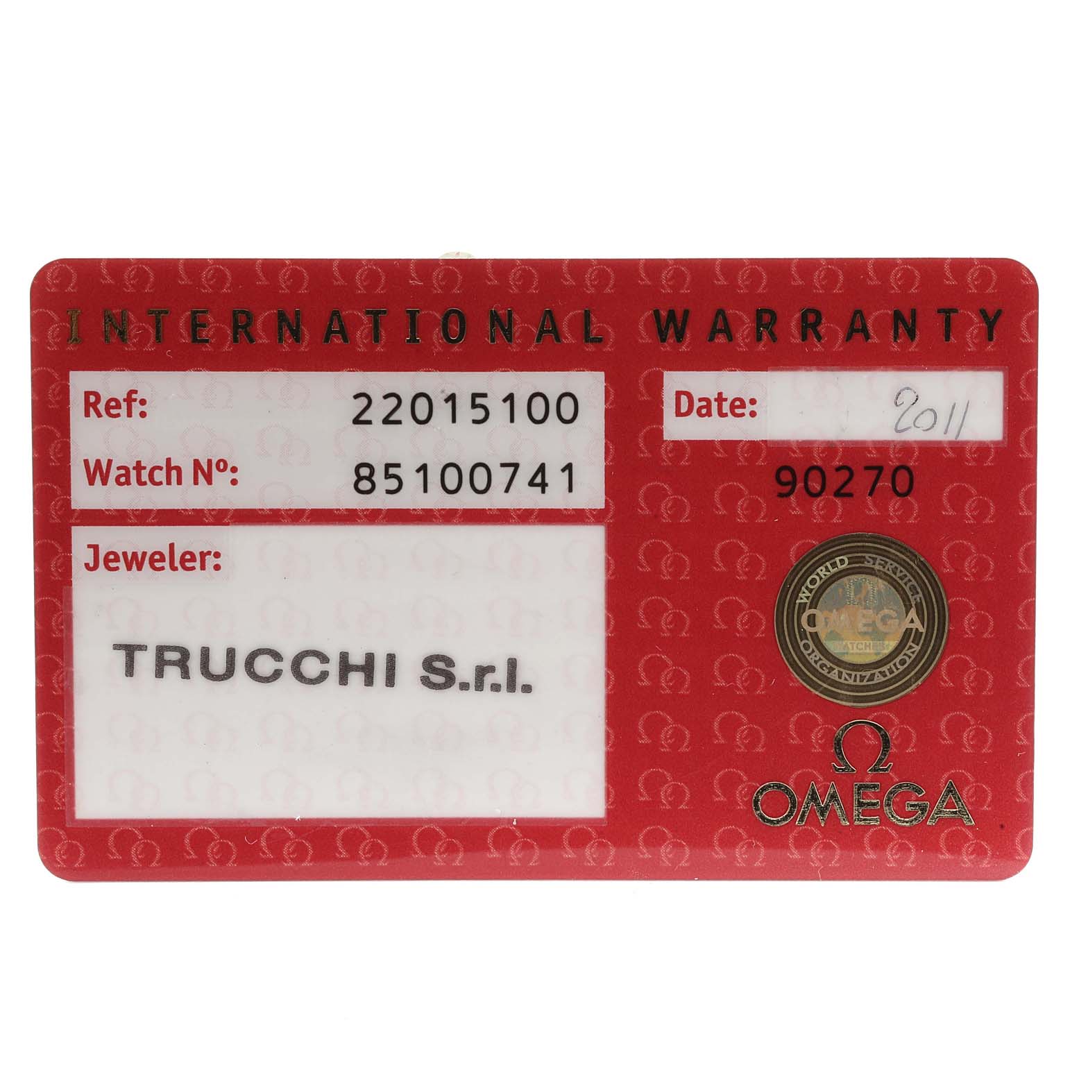 This image shows the international warranty card for the Omega Planet Ocean 2201.51.00 Men
s Stainless Steel Black Dial 2201.51.00 Men
s Stainless Steel Black Dial watch model.