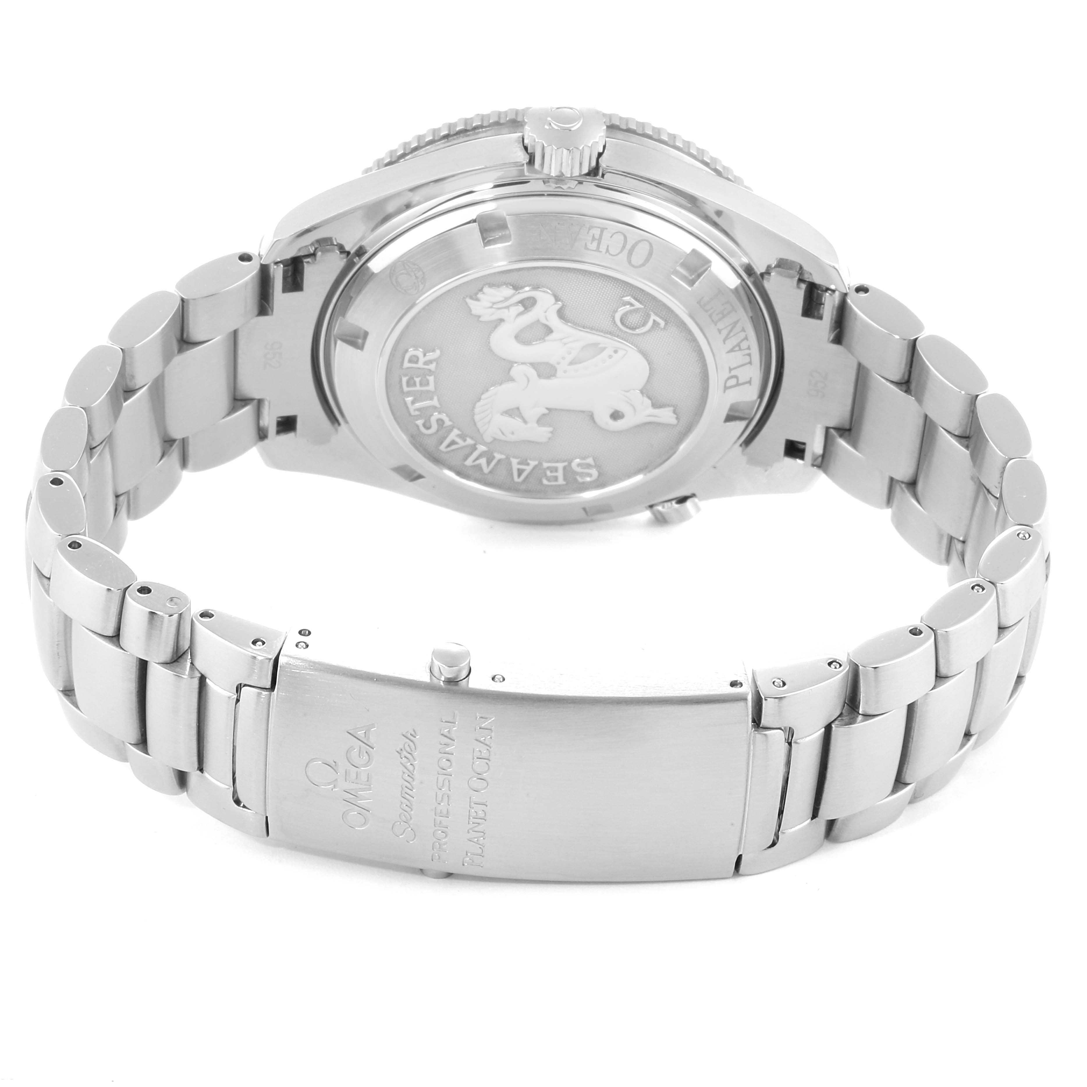 This image shows the back case and stainless steel bracelet of the Omega Seamaster Planet Ocean watch, viewed from the rear angle.