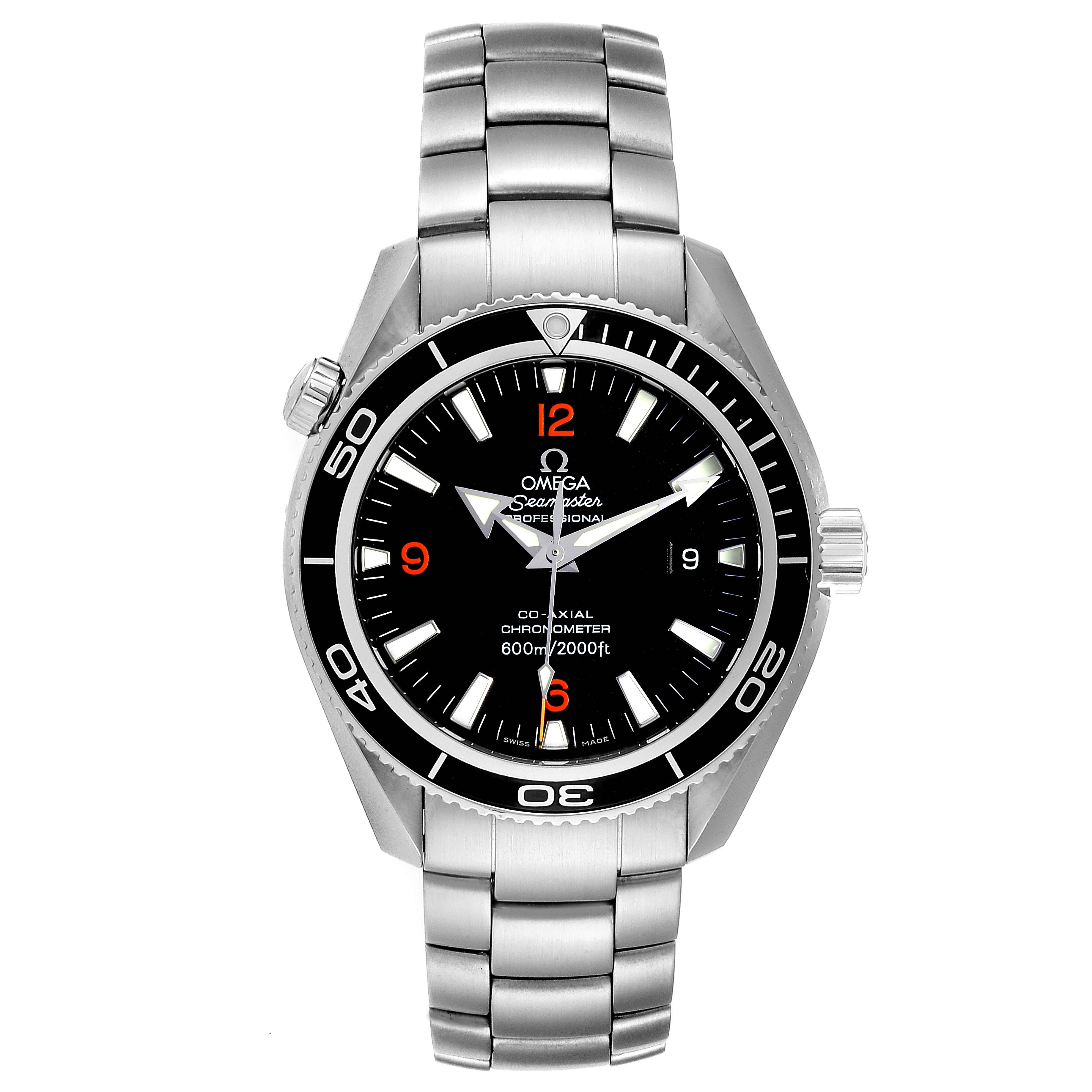 The image shows a front view of an Omega Planet Ocean 2201.51.00 Men
s Stainless Steel Black Dial 2201.51.00 Men
s Stainless Steel Black Dial watch, displaying the dial, bezel, and metal bracelet.