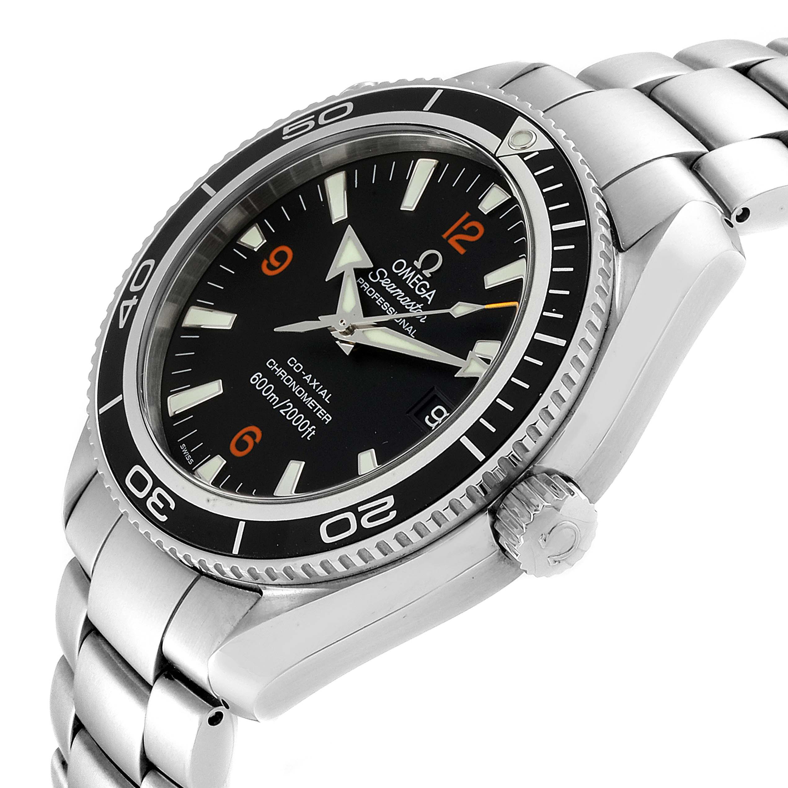 The image shows an angled view of the Omega Planet Ocean 2201.51.00 Men
s Stainless Steel Black Dial 2201.51.00 Men
s Stainless Steel Black Dial watch, highlighting its bezel, crown, bracelet, and dial.