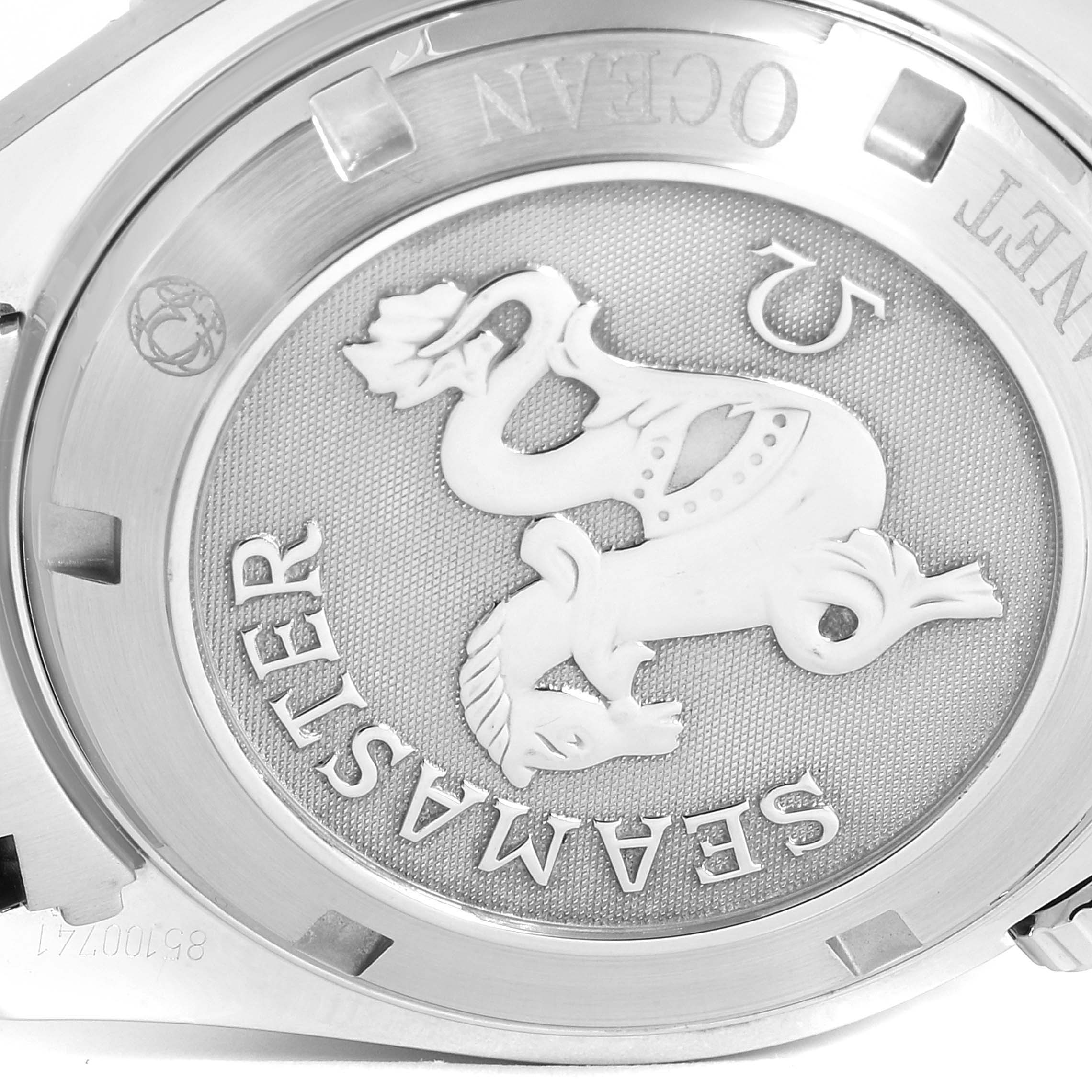 The image shows the case back of the Omega Planet Ocean 2201.51.00 Men
s Stainless Steel Black Dial 2201.51.00 Men
s Stainless Steel Black Dial watch, featuring the Seamaster logo.