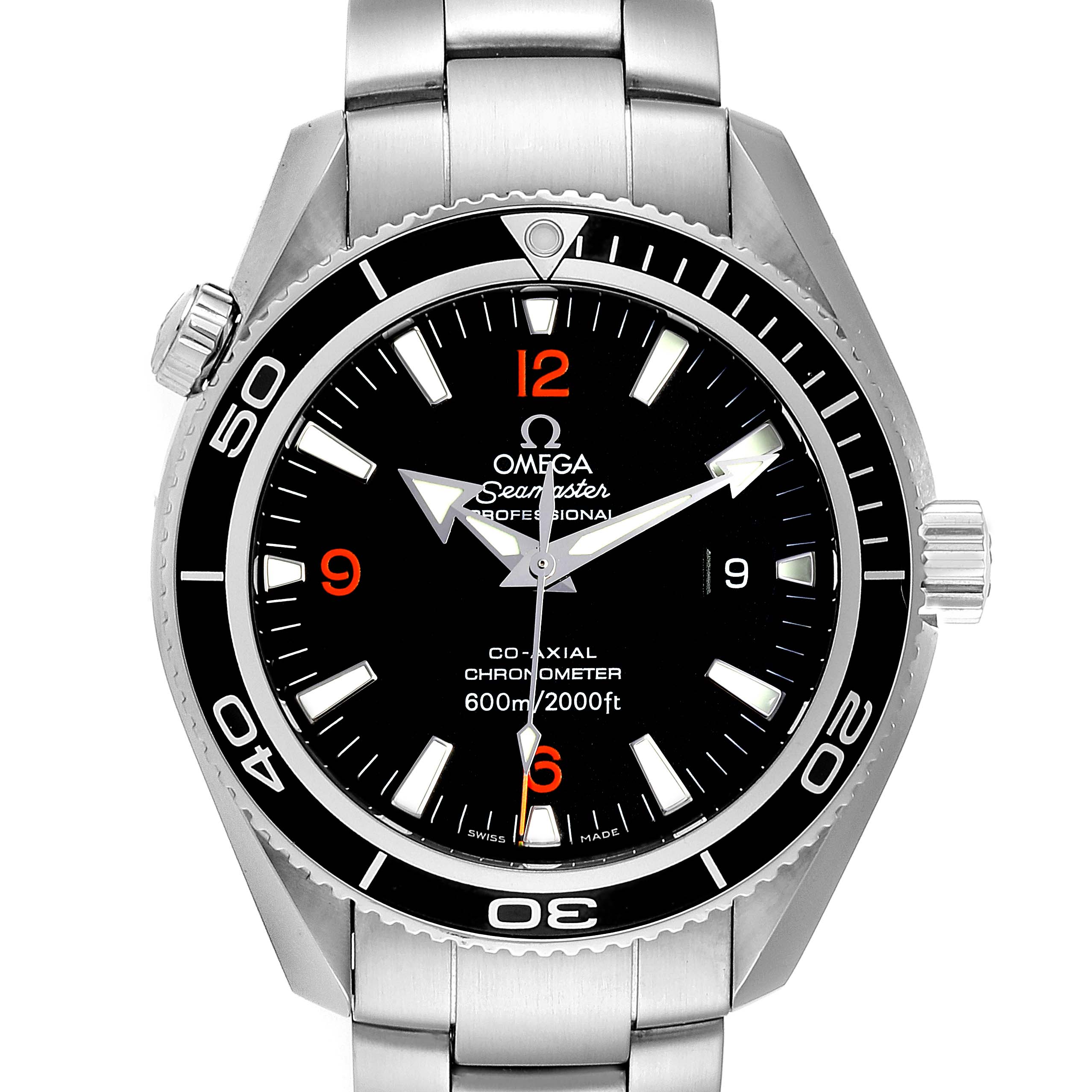 The image shows a front view of an Omega Planet Ocean 2201.51.00 Men
s Stainless Steel Black Dial 2201.51.00 Men
s Stainless Steel Black Dial watch, highlighting the dial, hands, bezel, and bracelet.