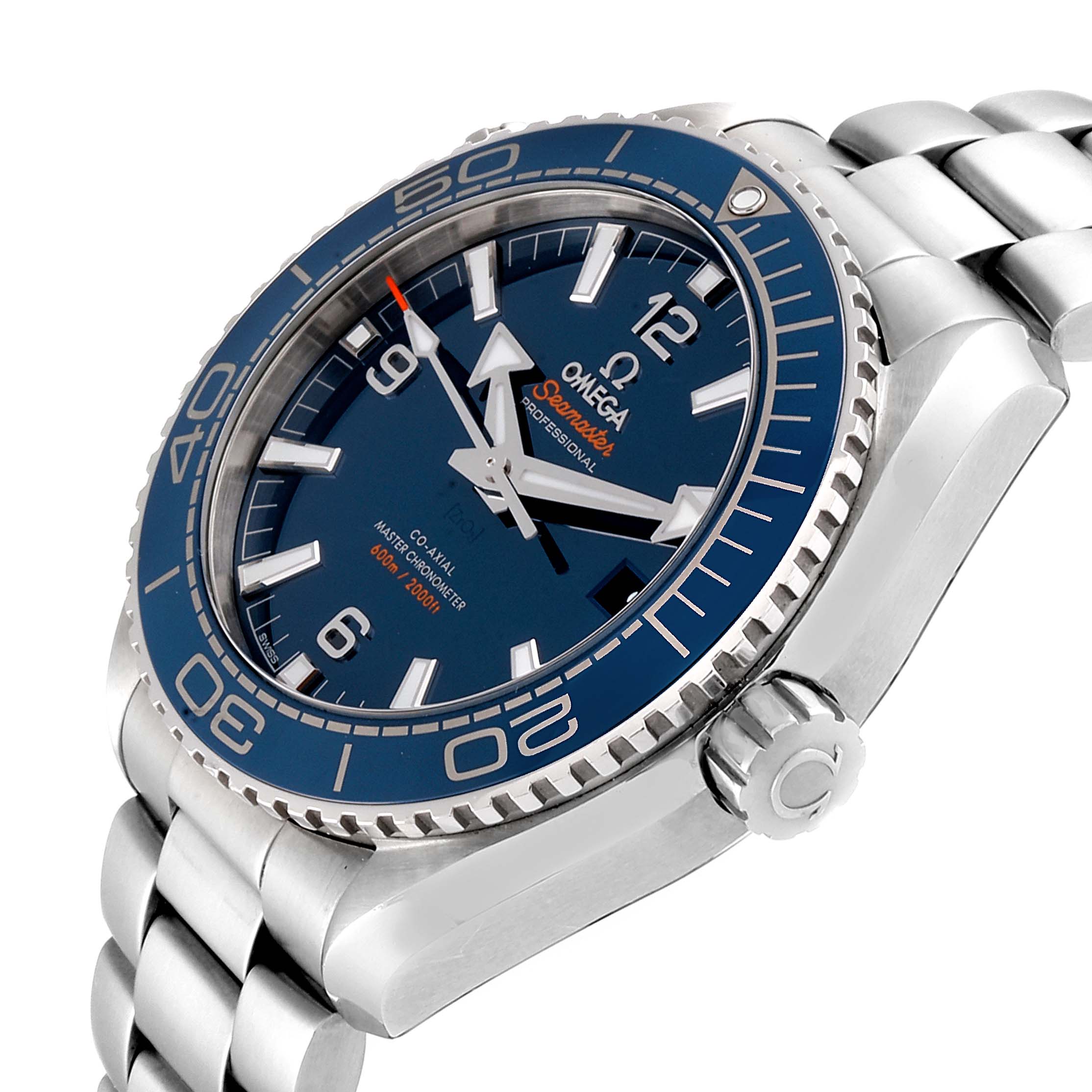 The Omega Planet Ocean 215.30.44.21.03.001  Men
s Stainless Steel Blue Dial 215.30.44.21.03.001  Men
s Stainless Steel Blue Dial watch is shown from an angled side view, highlighting the dial, bezel, crown, and part of the bracelet.