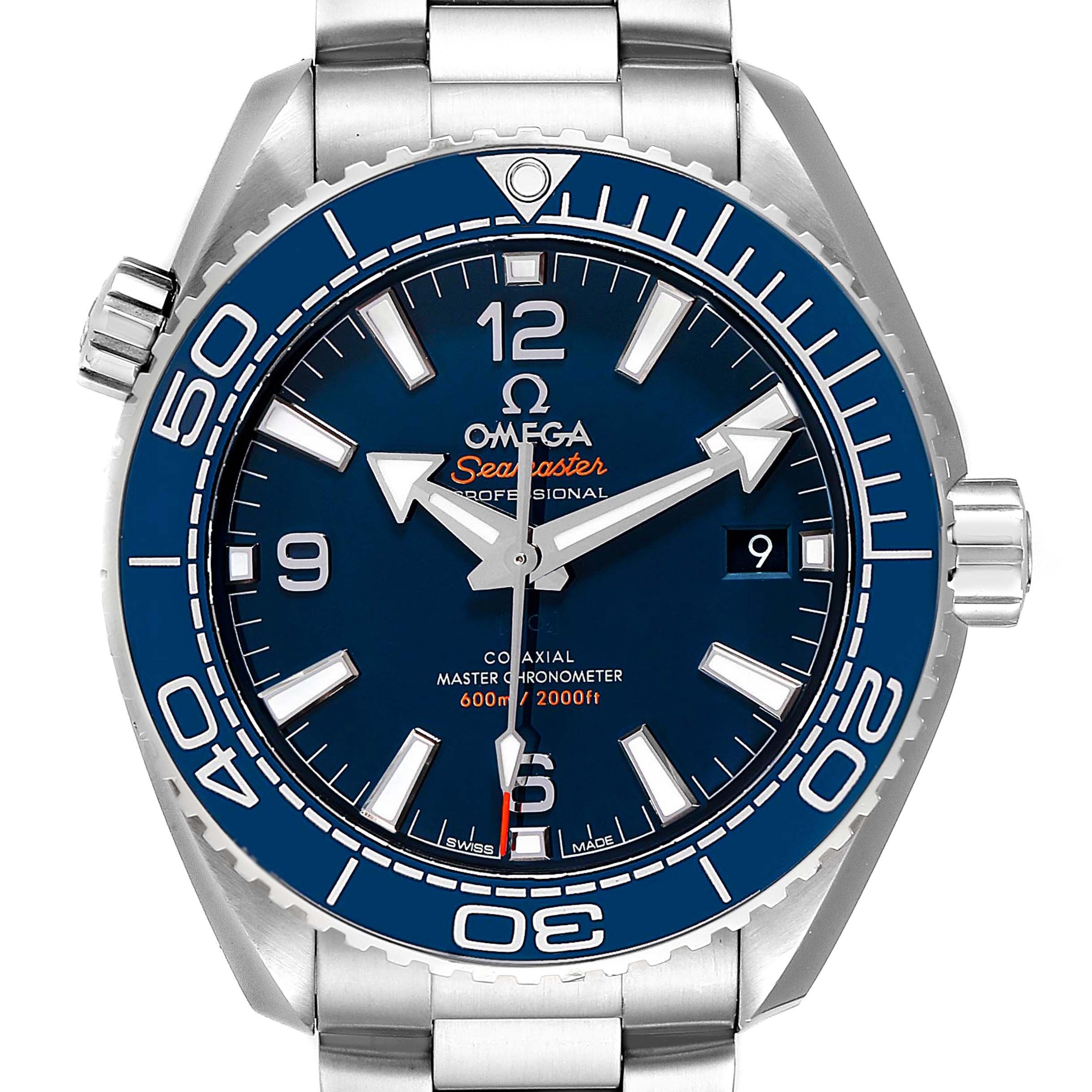 The image shows a frontal view of the Omega Planet Ocean 215.30.44.21.03.001  Men
s Stainless Steel Blue Dial 215.30.44.21.03.001  Men
s Stainless Steel Blue Dial watch, highlighting the dial, bezel, and stainless steel bracelet.