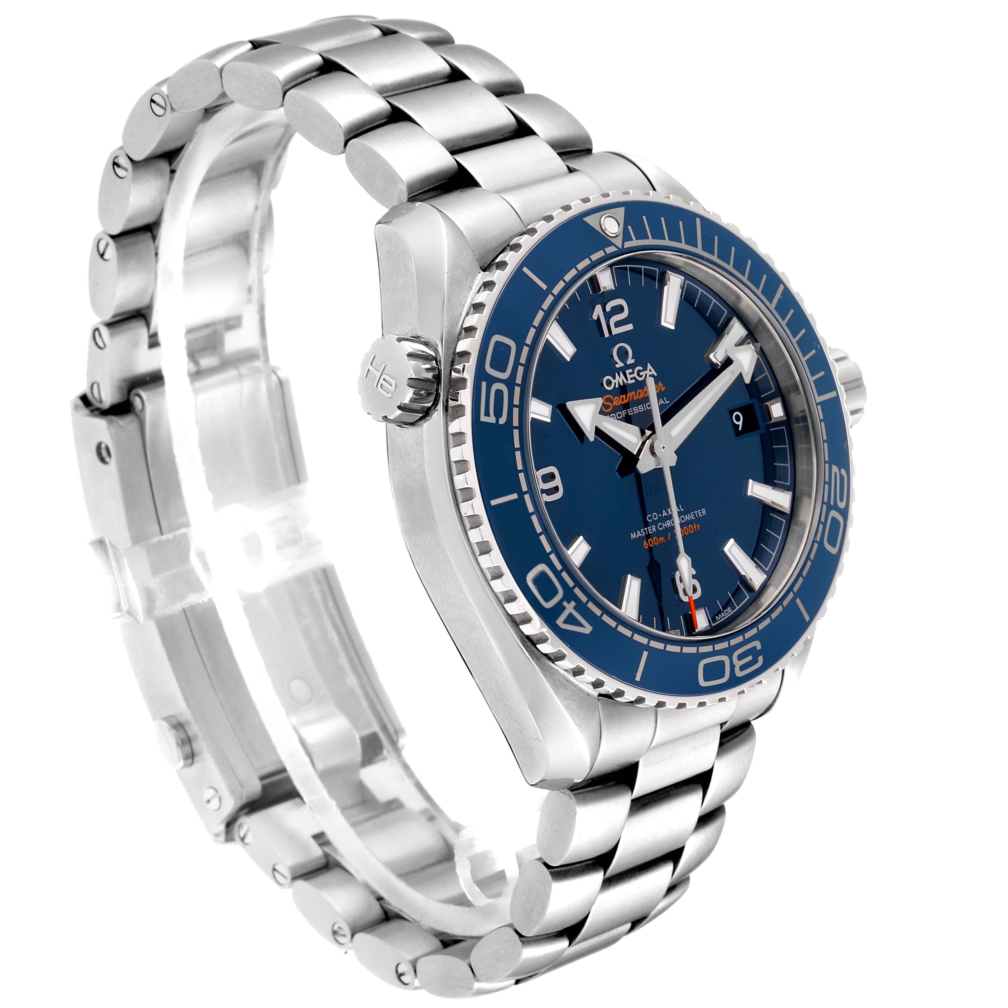 The image shows a side angle of the Omega Planet Ocean 215.30.44.21.03.001  Men
s Stainless Steel Blue Dial 215.30.44.21.03.001  Men
s Stainless Steel Blue Dial watch, highlighting the dial, bezel, and metal bracelet.