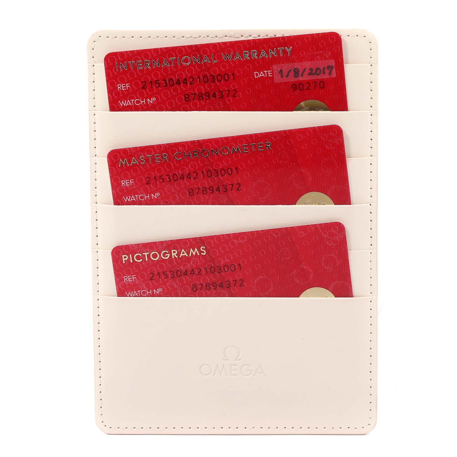 This image shows Omega warranty, master chronometer, and pictogram cards for the Planet Ocean model, displayed in a white cardholder.