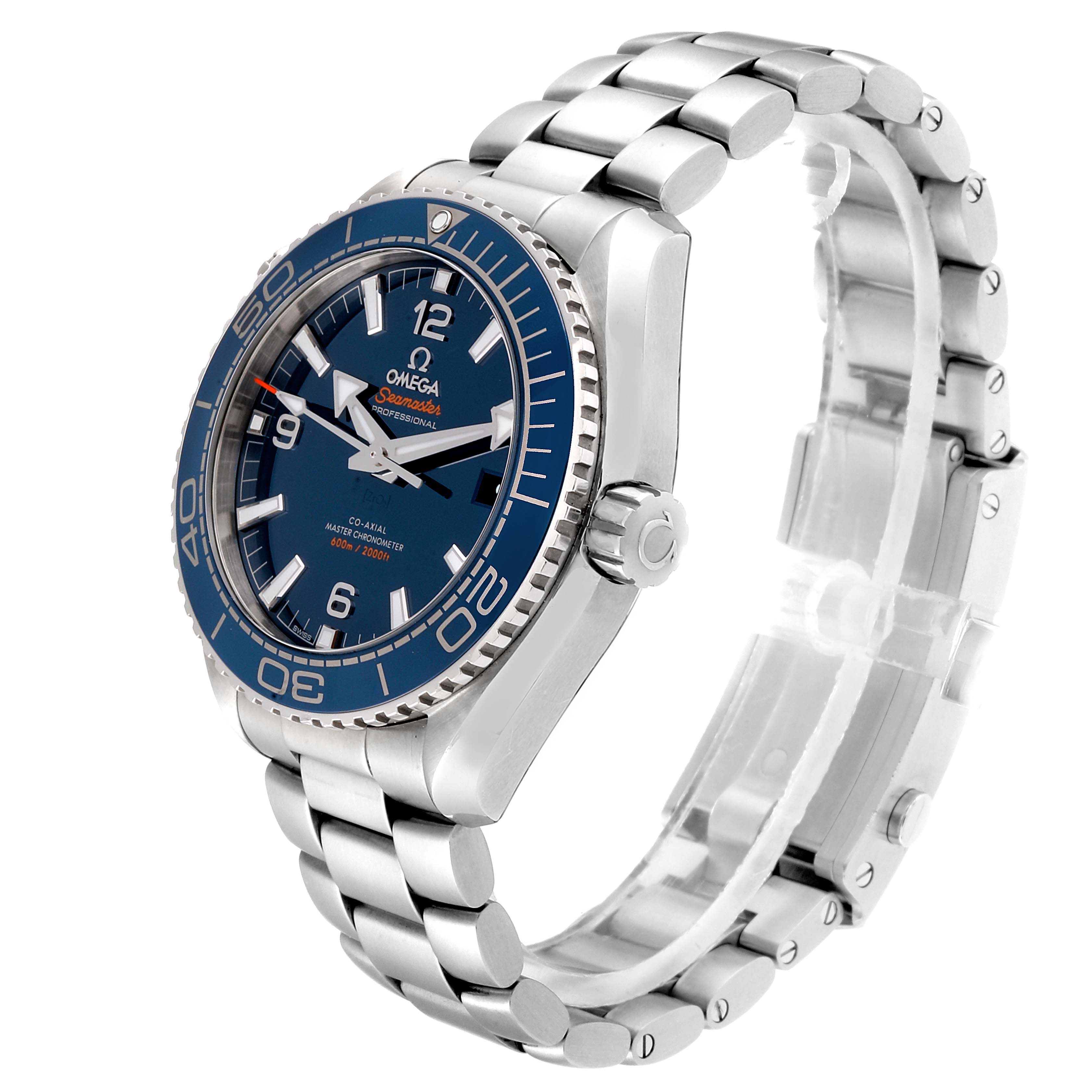 The image shows a side angle of the Omega Planet Ocean 215.30.44.21.03.001  Men
s Stainless Steel Blue Dial 215.30.44.21.03.001  Men
s Stainless Steel Blue Dial watch, displaying the face, bezel, crown, and stainless steel bracelet.