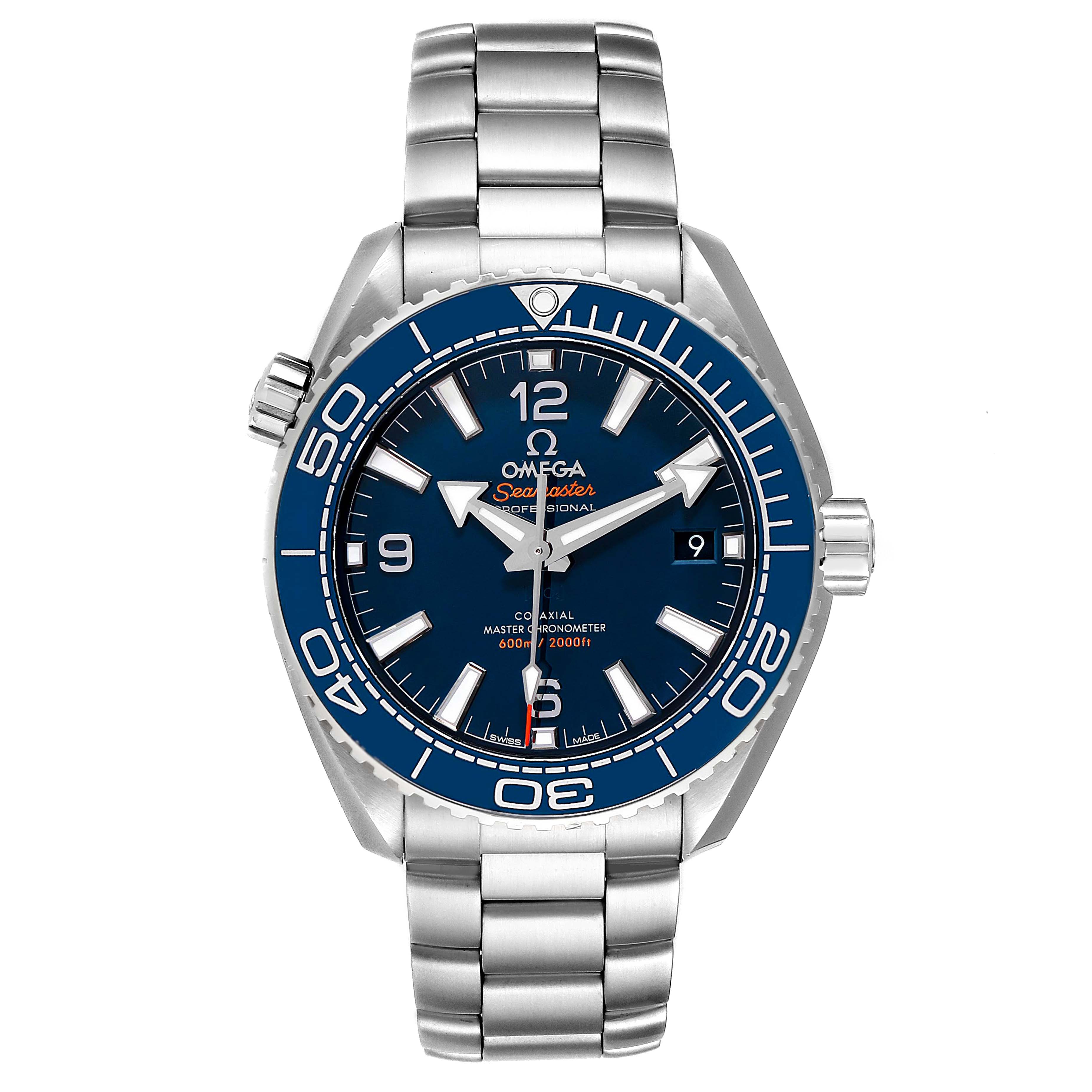 This image shows a front view of the Omega Planet Ocean 215.30.44.21.03.001  Men
s Stainless Steel Blue Dial 215.30.44.21.03.001  Men
s Stainless Steel Blue Dial model watch, featuring its stainless steel bracelet, blue dial, and bezel.
