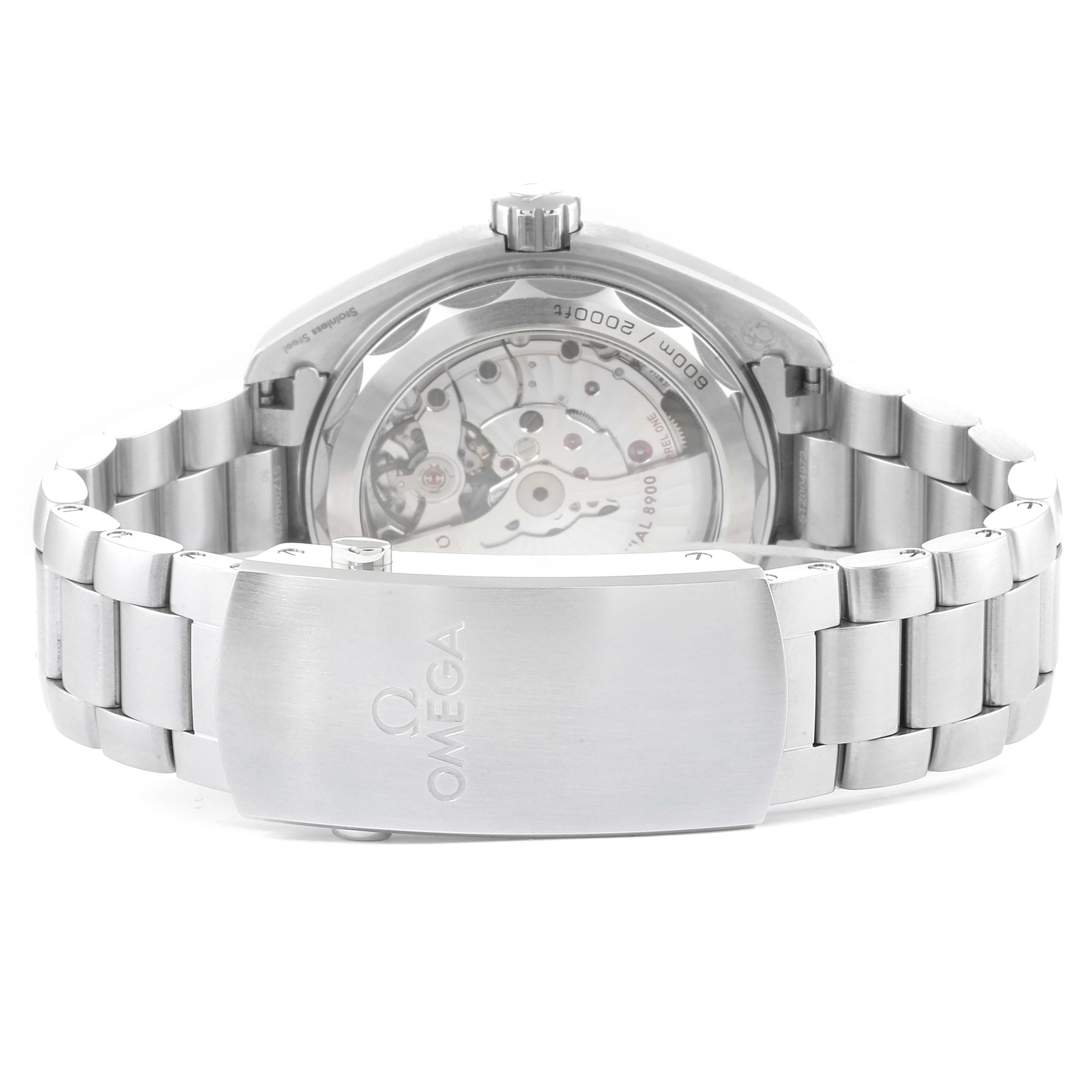 The image shows the back view of the Omega Planet Ocean 215.30.44.21.03.001  Men
s Stainless Steel Blue Dial 215.30.44.21.03.001  Men
s Stainless Steel Blue Dial watch, highlighting the open case back and the stainless steel bracelet.