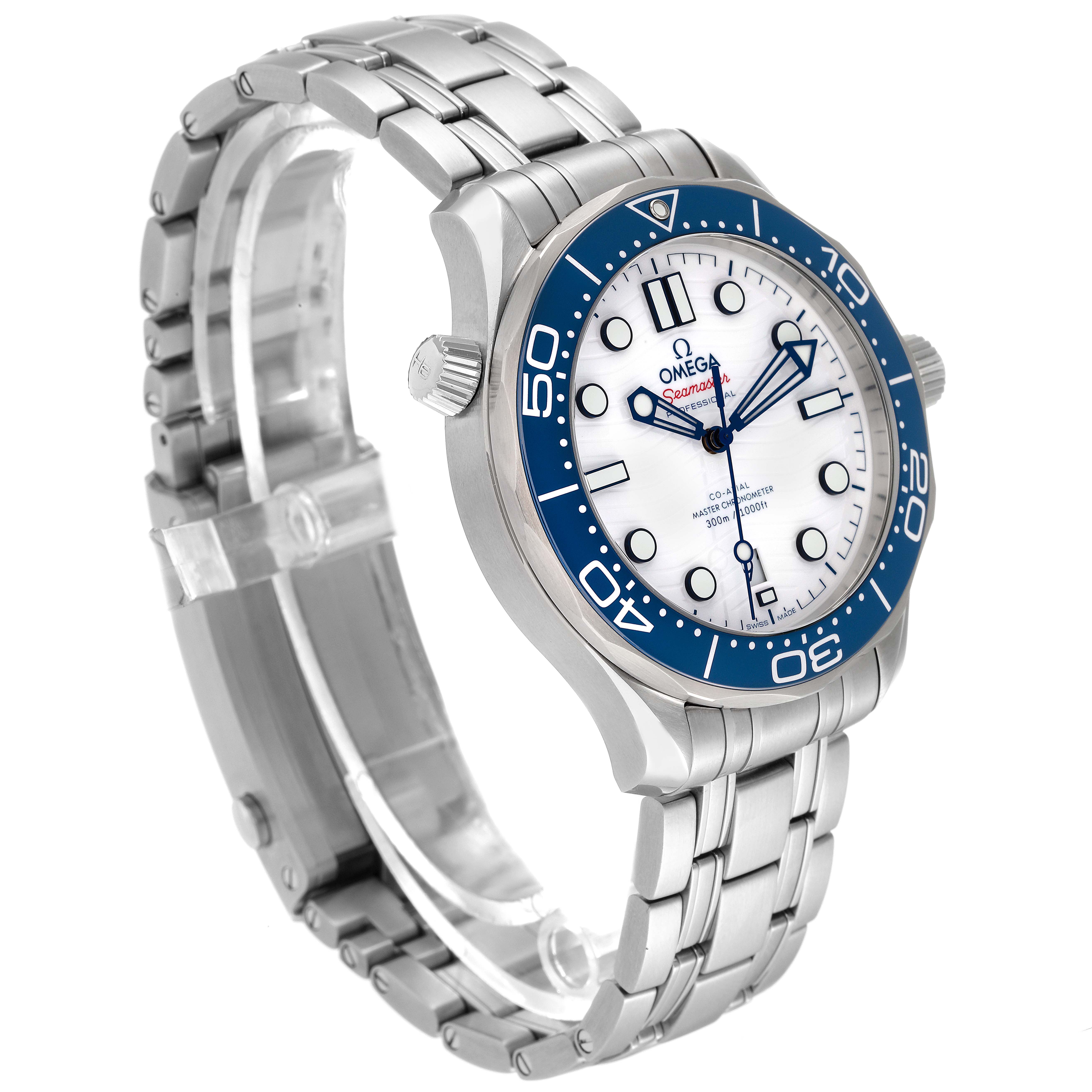 The Omega Seamaster 522.30.42.20.04.001 Men's Stainless Steel White Dial 522.30.42.20.04.001 Men's Stainless Steel White Dial watch is shown at a three-quarter angle, displaying the face, bezel, case, crown, and bracelet.