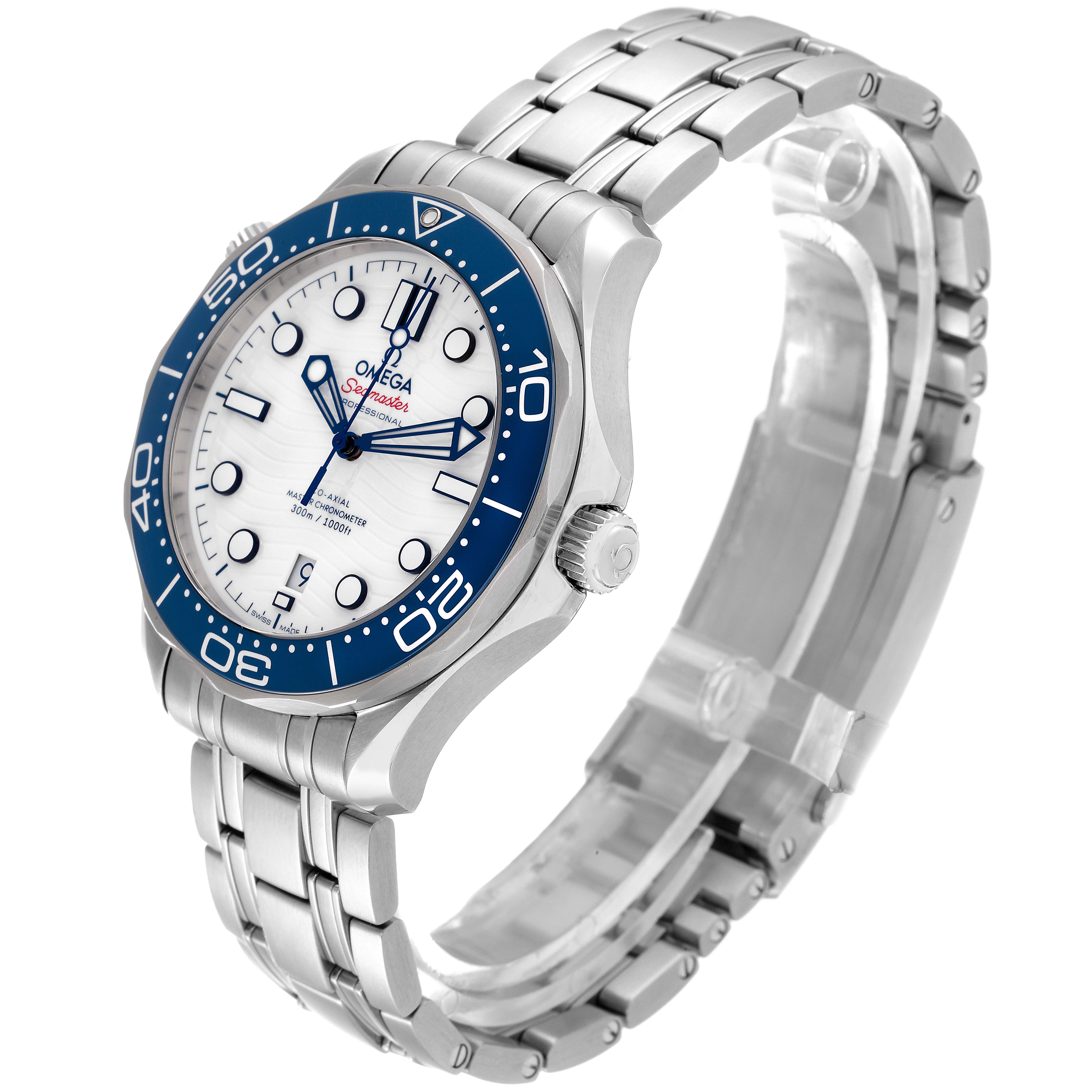 The Omega Seamaster 522.30.42.20.04.001 Men's Stainless Steel White Dial 522.30.42.20.04.001 Men's Stainless Steel White Dial watch is shown at a three-quarters angle, displaying the dial, bezel, crown, and bracelet.